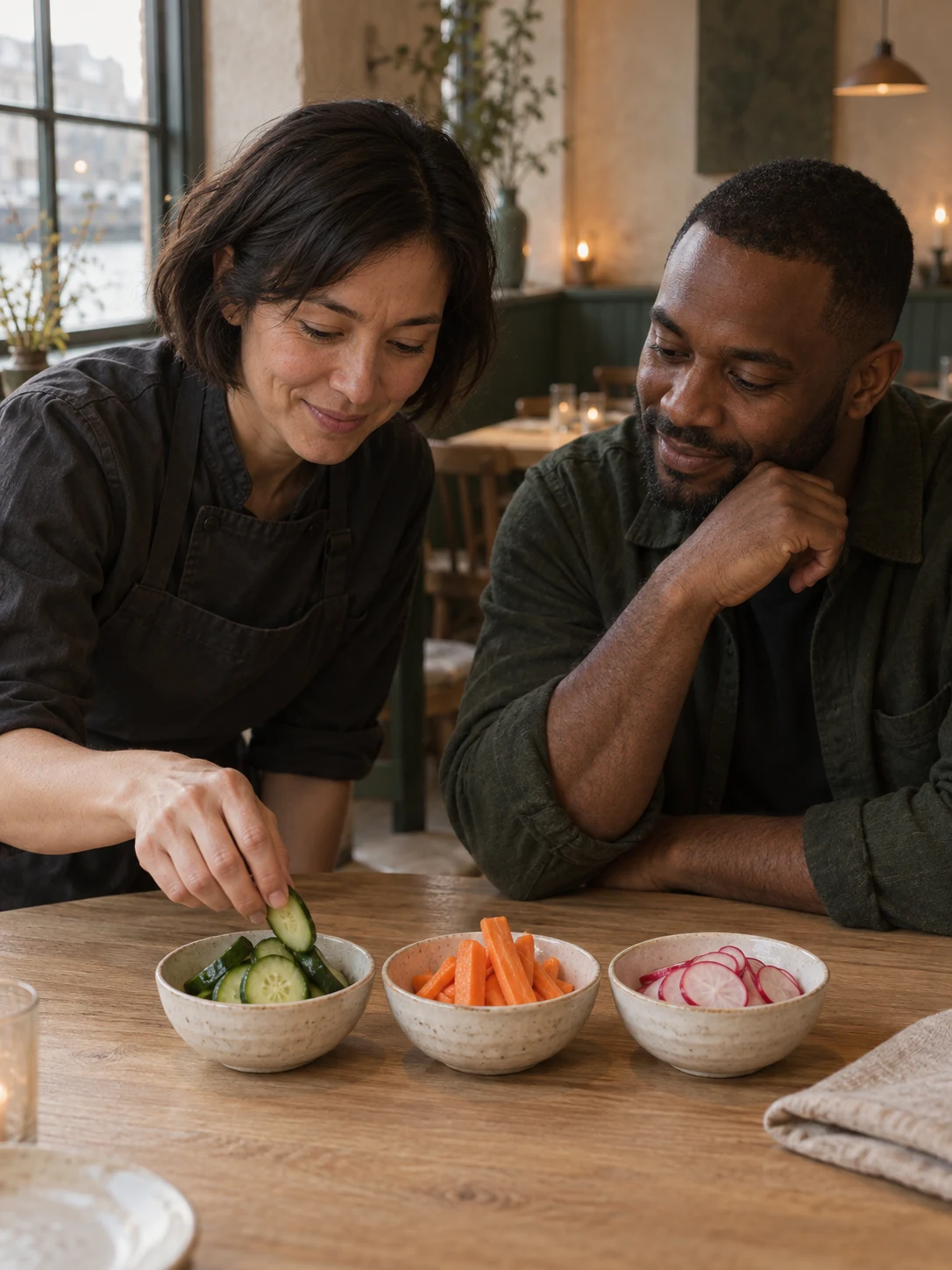 Three quick pickles; Cucumber, carrot and radish cut differently to preserve three distinct bites.