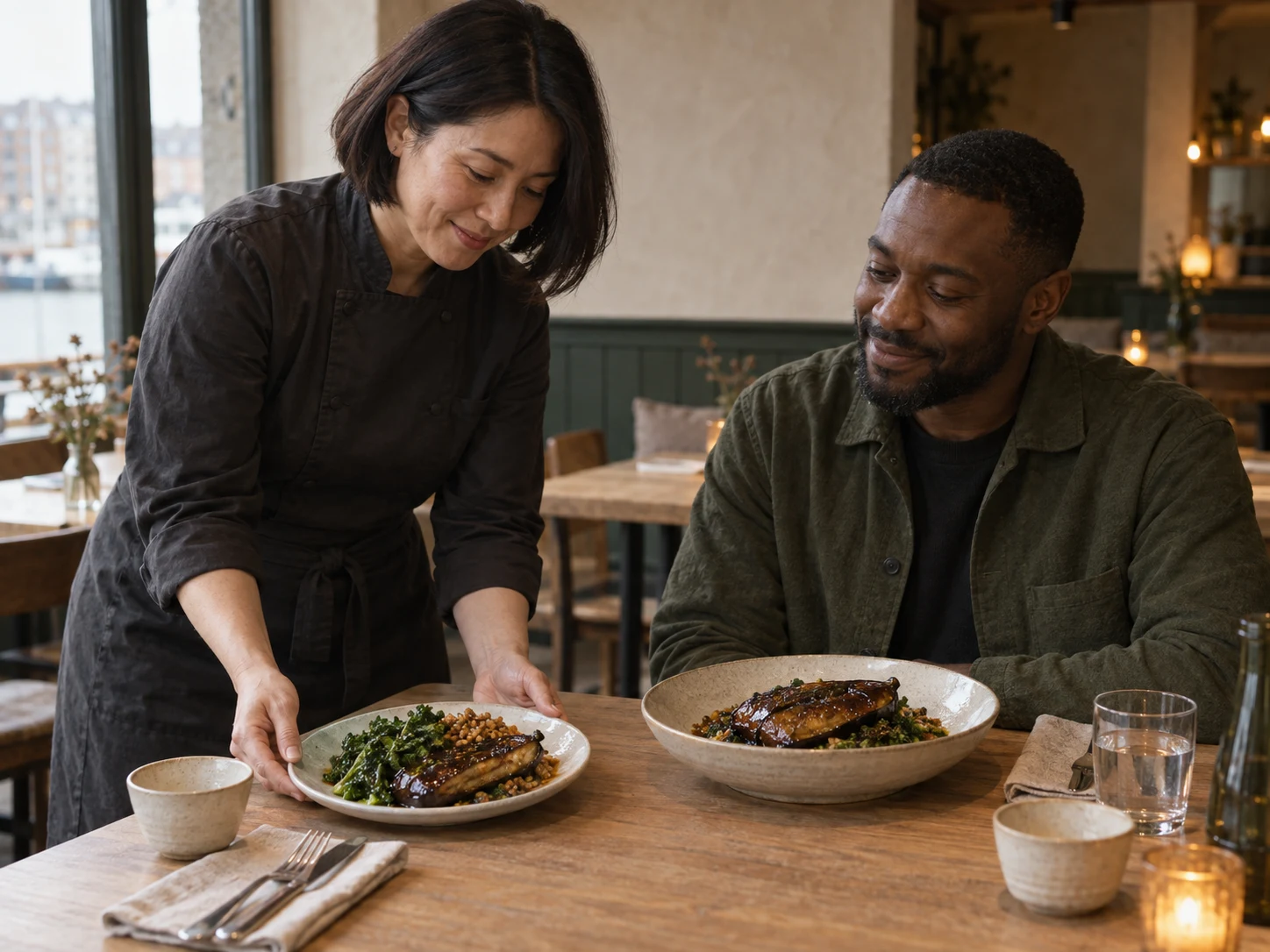 Aubergine: soft centre, thin glaze. A complete lunch plate and a slower dinner main. Use the exact linked ingredients/dishes and their complete recipe; no unrelated garnish or media.