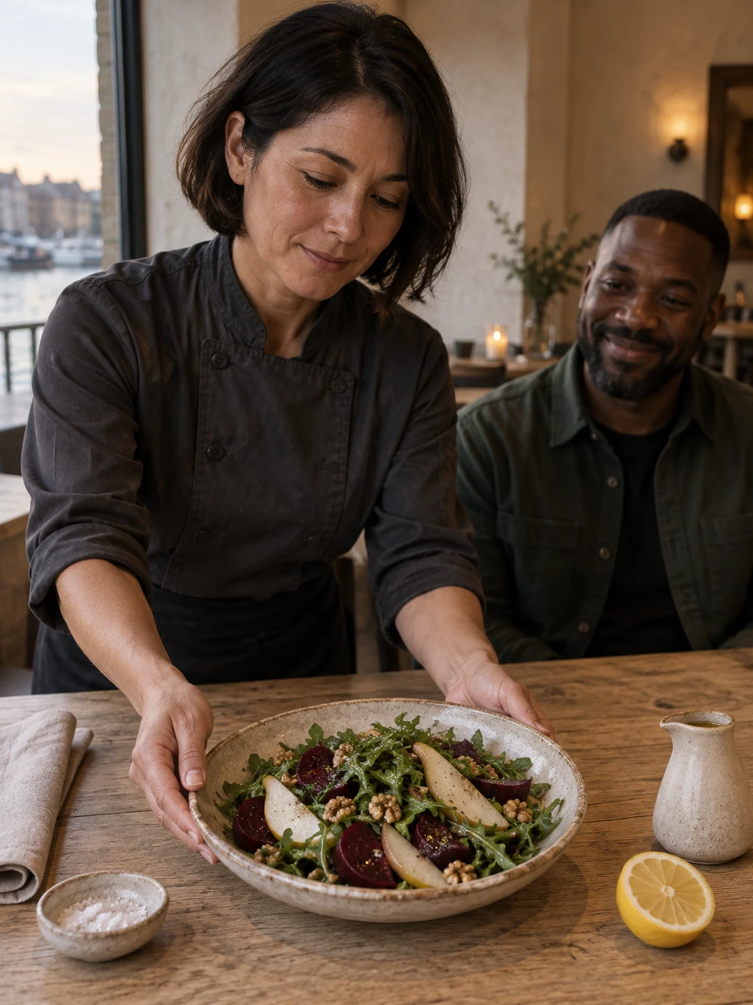 Beetroot, pear & walnut; Roasted beetroot and raw pear bring different kinds of sweetness to peppery leaves. Complete serving: small meal salad. Only these ingredients: beetroot, pear, walnut, rocket, olive-oil, lemon, salt.