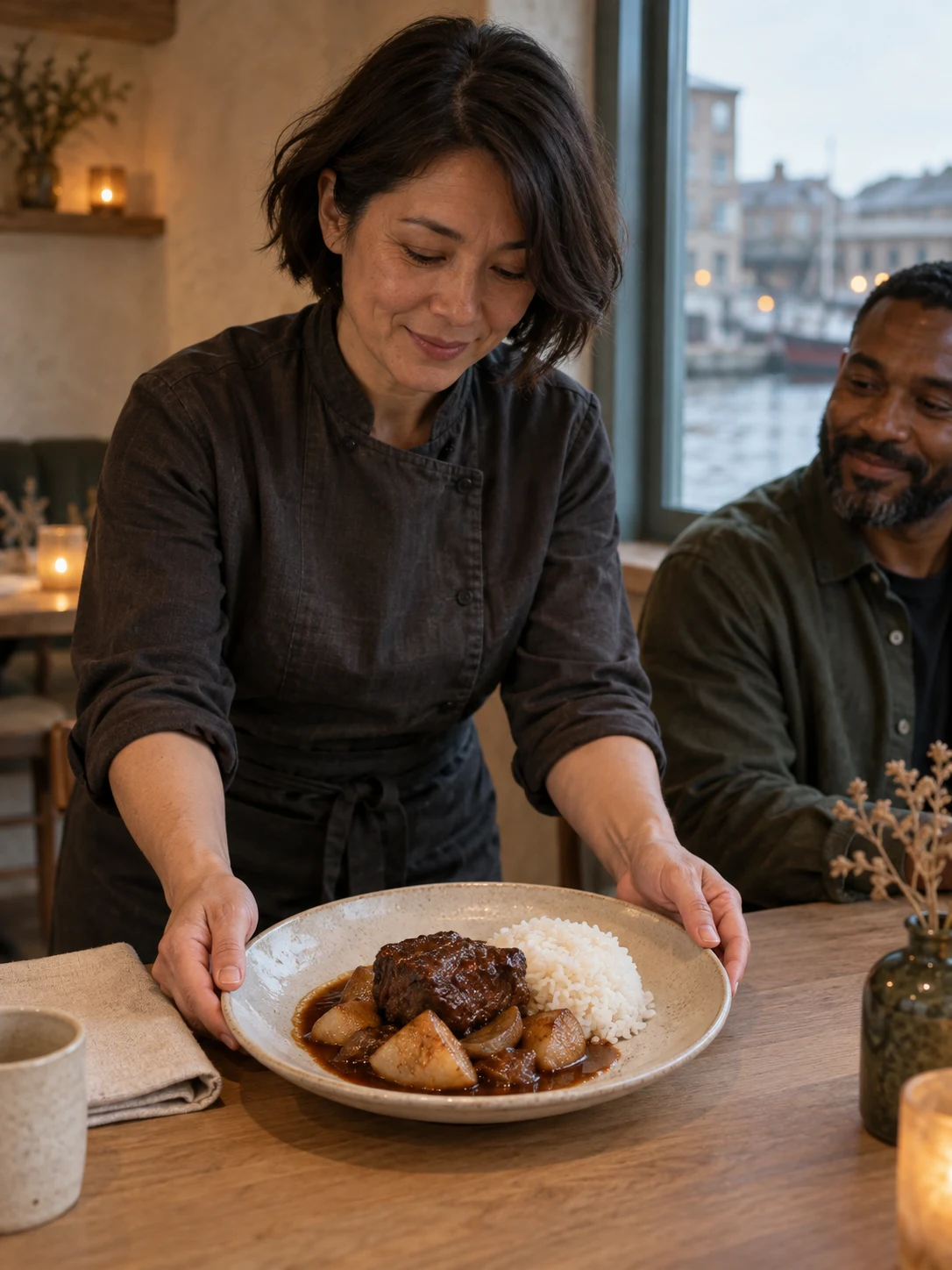 Slow beef, turnip & rice; A soft piece of braised short rib with turnip, reduced cooking liquor and a clean mound of rice. Complete serving: one complete plate. Only these ingredients: beef, turnip, rice, celery-stock, soy-sauce, onion.