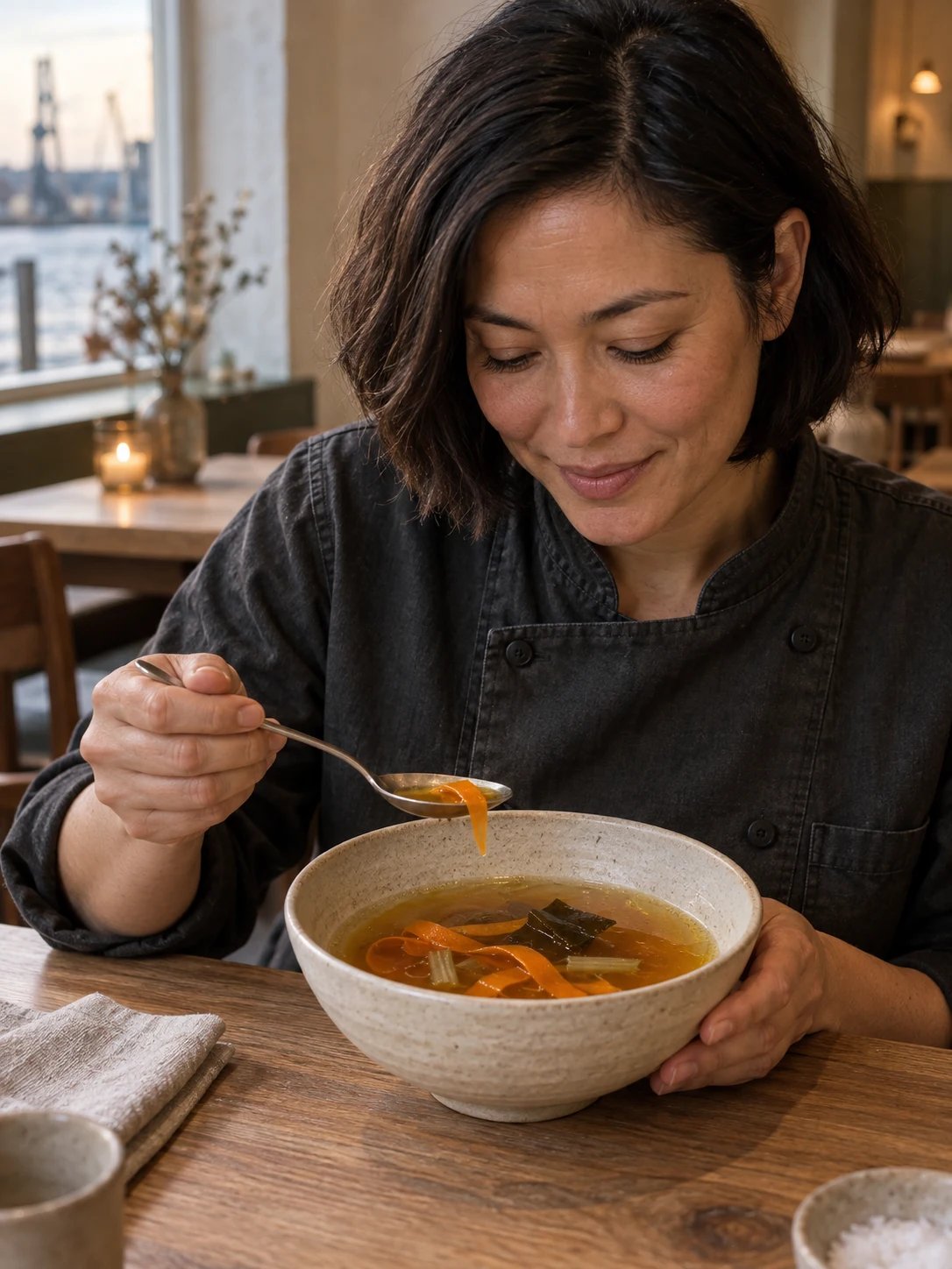 Roasted carrot broth; A clear vegetable broth finished with carrot ribbons, ginger and a little kombu depth. Complete serving: 250 ml bowl. Only these ingredients: carrot, celery-stock, ginger, kombu, rapeseed-oil, salt.