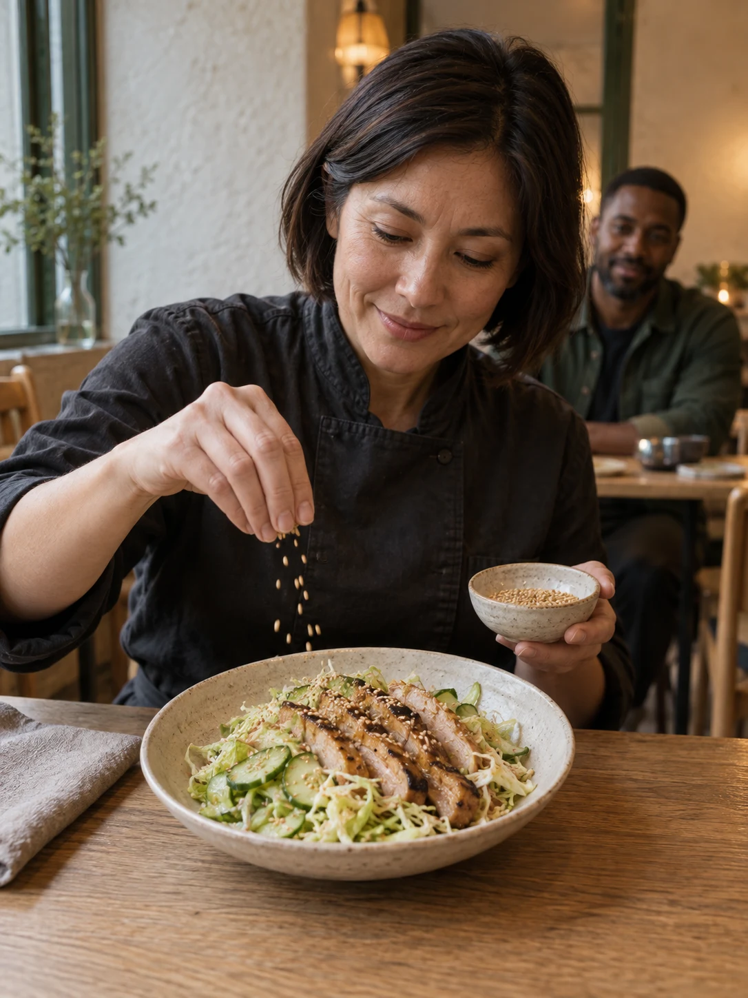 Chicken, cabbage & sesame; Sliced chicken thigh with fine cabbage, cool cucumber and a toasted sesame dressing. Complete serving: small meal salad. Only these ingredients: chicken, cabbage, cucumber, sesame, rice-vinegar, ginger, salt.