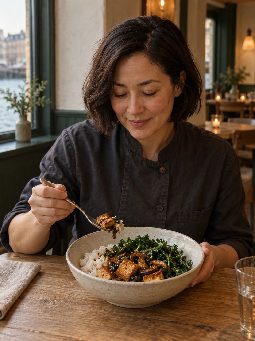 Crisp tofu, mushroom & greens; Seared tofu and mushrooms share a tamari pan sauce beside kale and plain rice. Complete serving: one complete bowl. Only these ingredients: tofu, mushroom, kale, rice, tamari, rapeseed-oil, garlic.