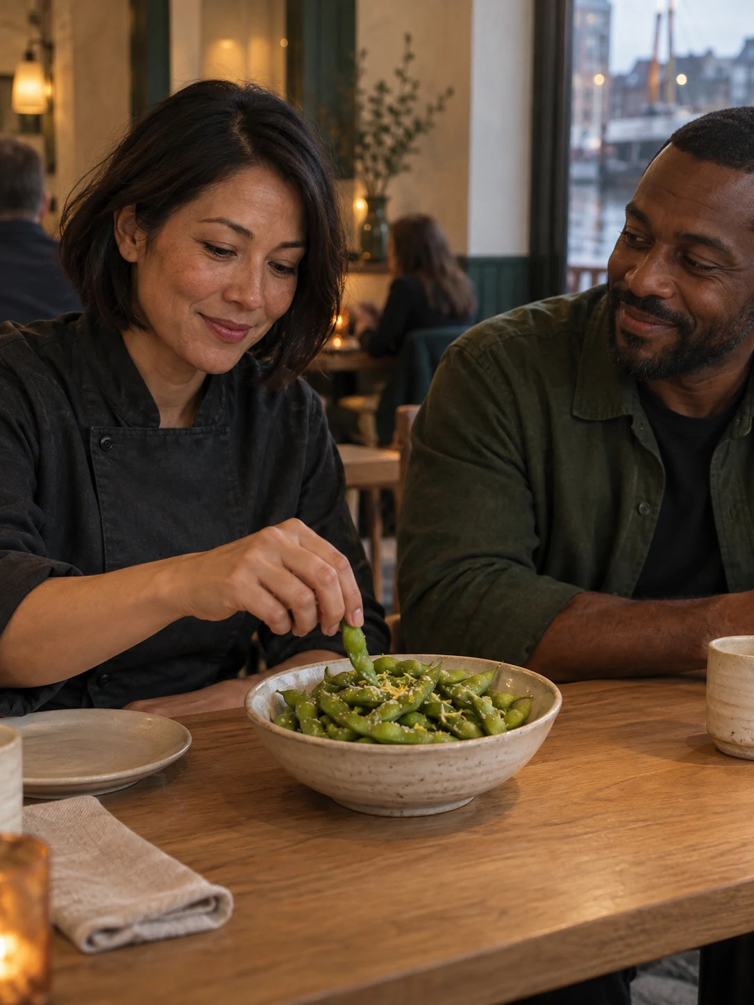 Warm edamame, lemon salt; Steamed pods tossed while warm so the lemon zest stays fragrant; the pods are not eaten. Complete serving: 180 g in pods. Only these ingredients: edamame, lemon, salt.