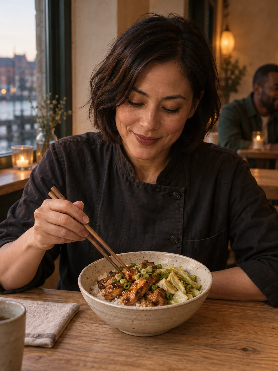 Ginger chicken rice bowl; Chicken glazed in ginger soy sits over rice with cabbage that keeps its bite. Complete serving: one complete bowl. Only these ingredients: chicken, rice, ginger, soy-sauce, cabbage, spring-onion, rapeseed-oil.