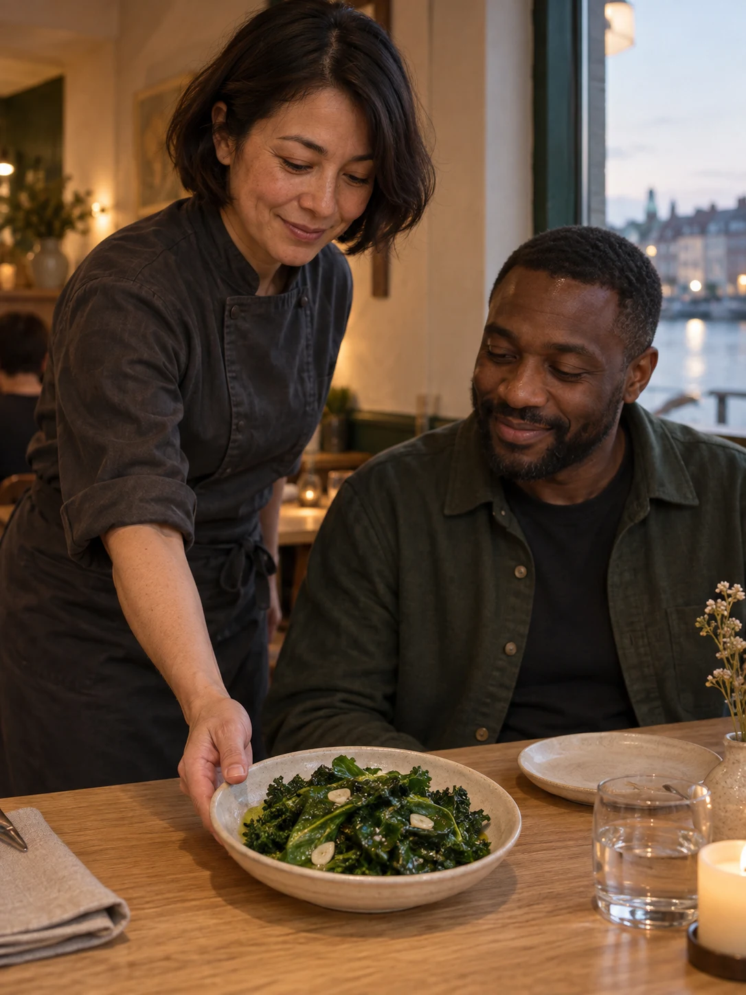 Garlic greens; Two leafy textures quickly turned in garlic oil and brought straight to the table. Complete serving: 120 g side. Only these ingredients: kale, spinach, garlic, olive-oil, salt.