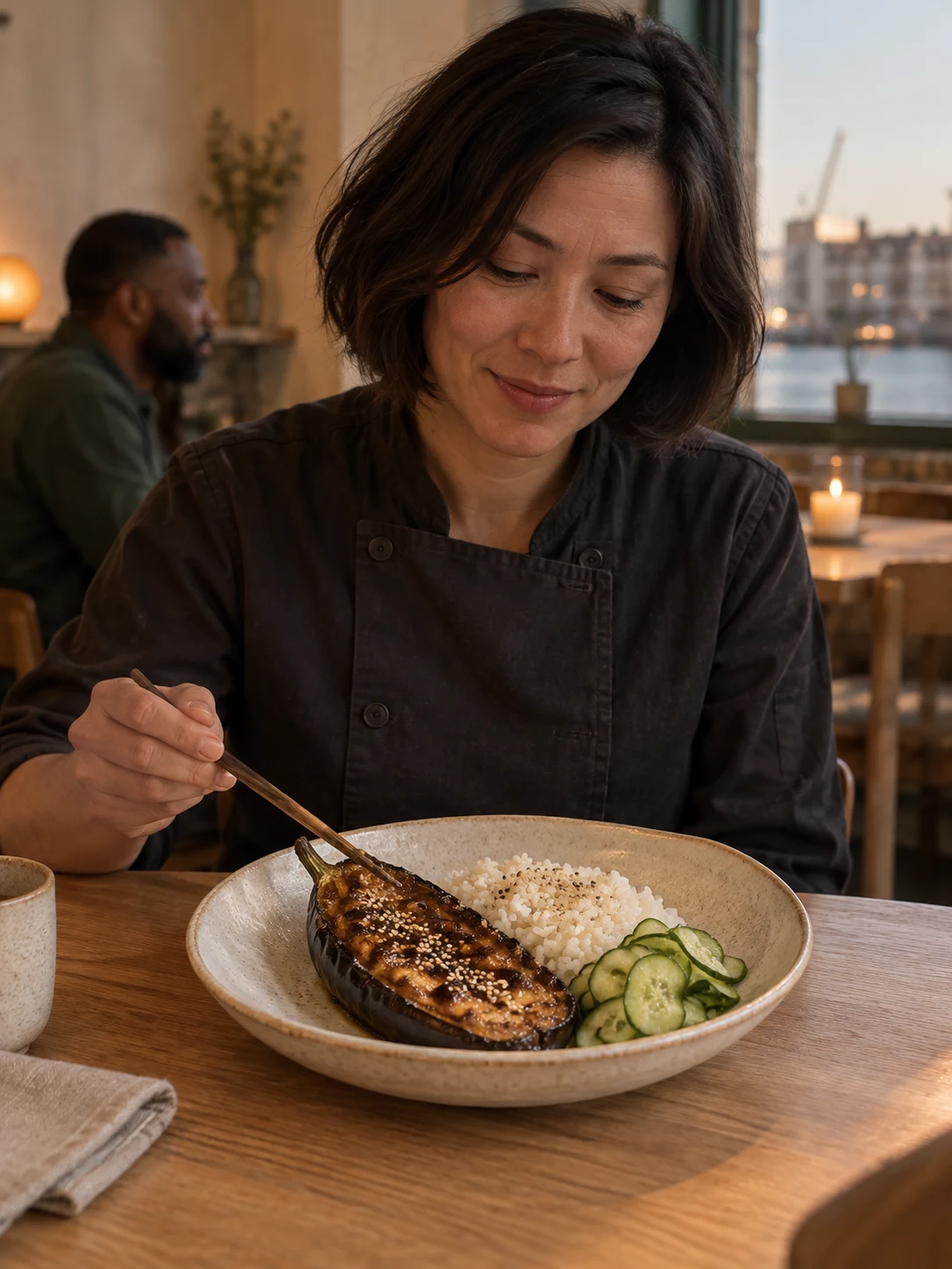 Miso aubergine rice plate; Aubergine roasted until yielding, brushed with rice miso and served with rice and cucumber pickle. Complete serving: one complete plate. Only these ingredients: aubergine, miso, rice, sesame, cucumber, rice-vinegar, sugar, salt, rapeseed-oil.