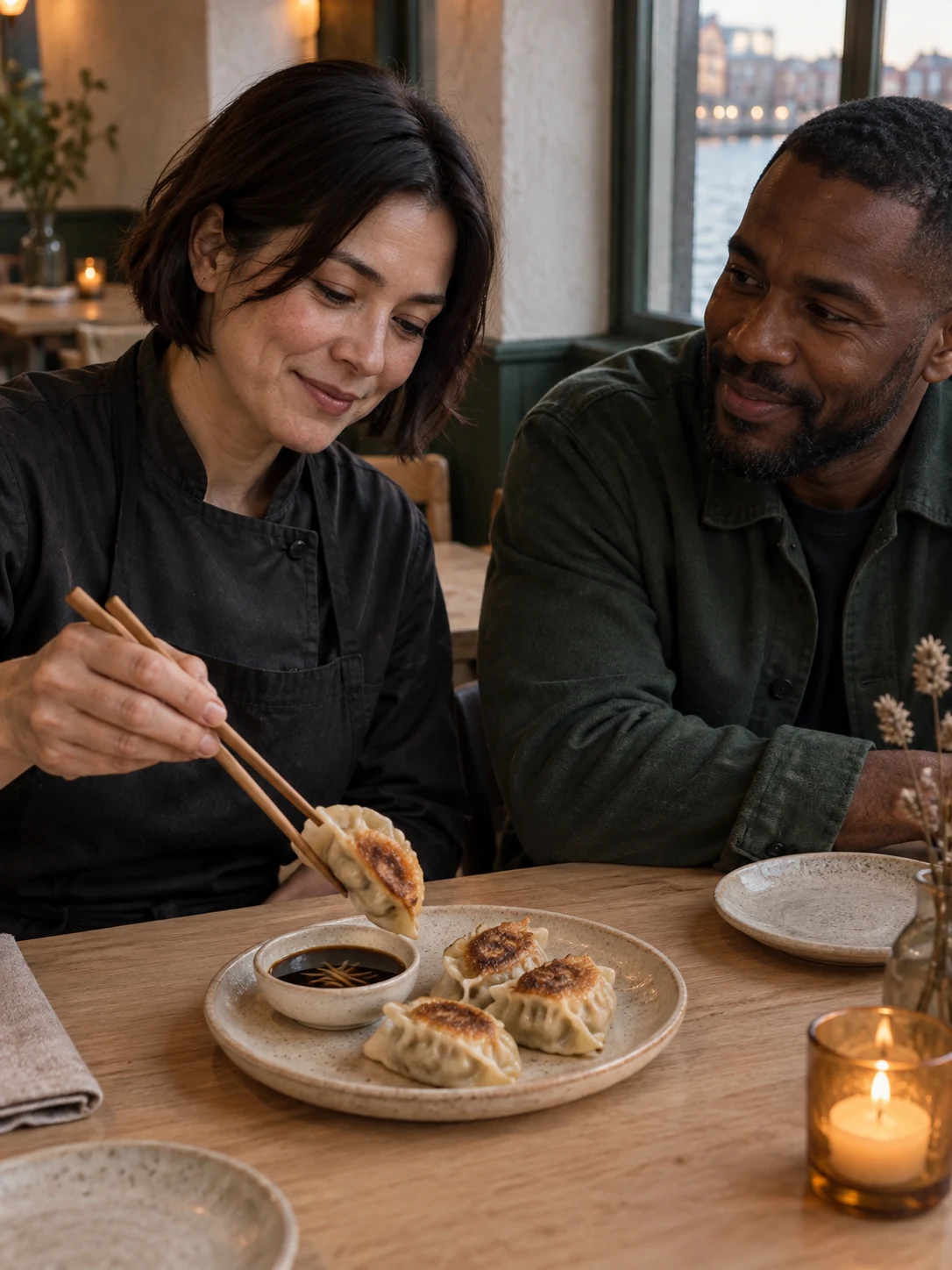 Mushroom & leek dumplings; A crisp-bottomed parcel with a soft leek centre and a small dish of ginger tamari. Complete serving: 4 dumplings. Only these ingredients: dumpling-wrappers, mushroom, leek, ginger, tamari, rapeseed-oil.