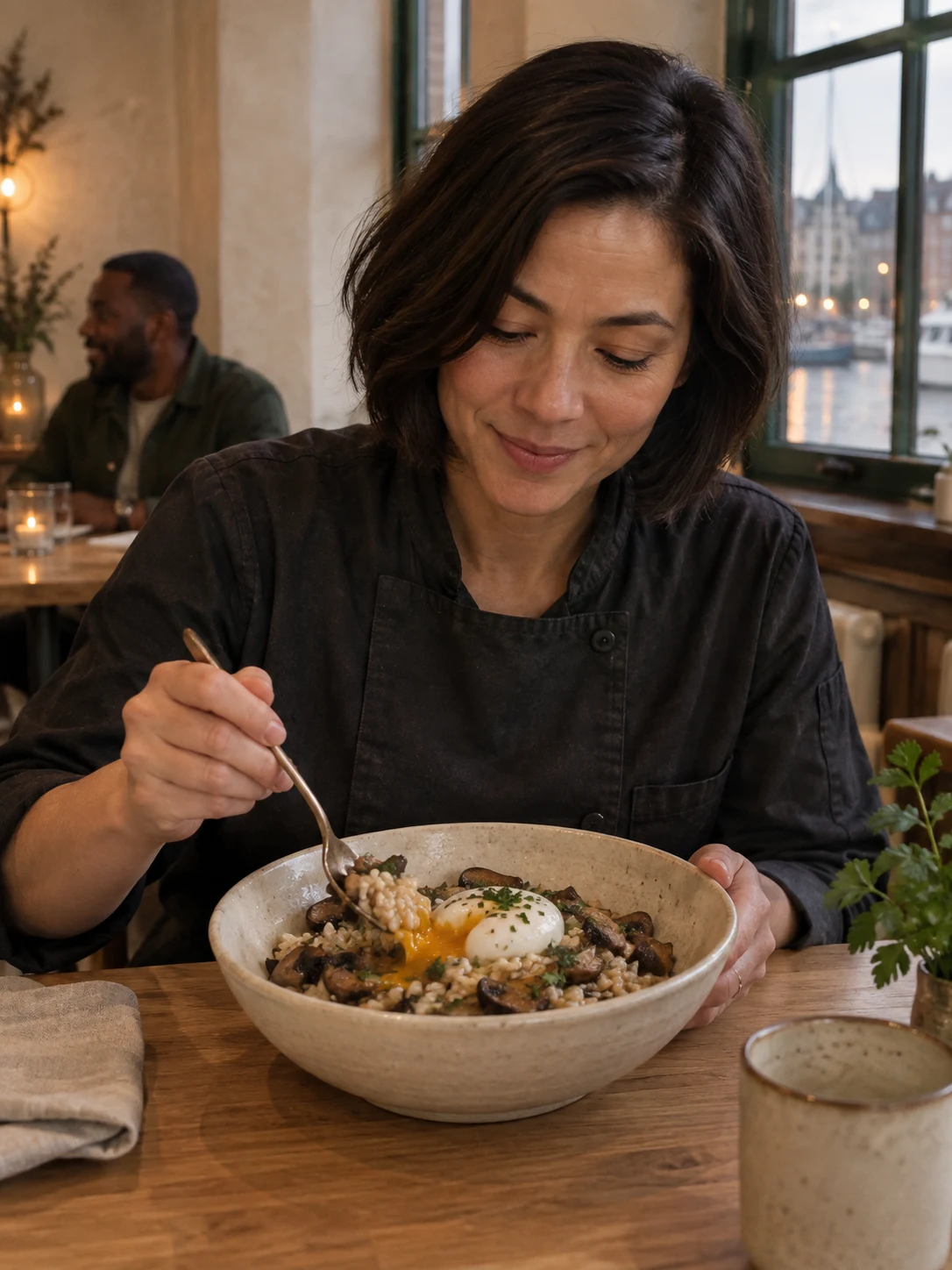 Mushroom rice, soft egg; Browned mushrooms and their butter dress the rice; a soft egg makes the final sauce. Complete serving: one complete bowl. Only these ingredients: mushroom, rice, egg, butter, parsley, salt.