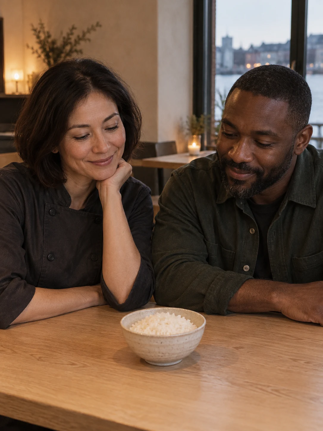 Steamed short-grain rice; A small bowl of plain rice for the middle of the table. Complete serving: 150 g cooked rice. Only these ingredients: rice, water.