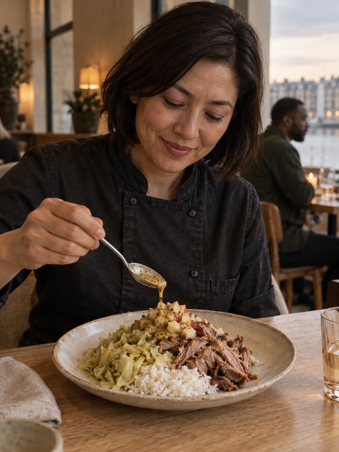 Pork shoulder, cabbage & rice; Pulled shoulder with warm cabbage, an apple relish and a measured spoon of mustard dressing. Complete serving: one complete plate. Only these ingredients: pork, cabbage, rice, mustard, apple, rice-vinegar.