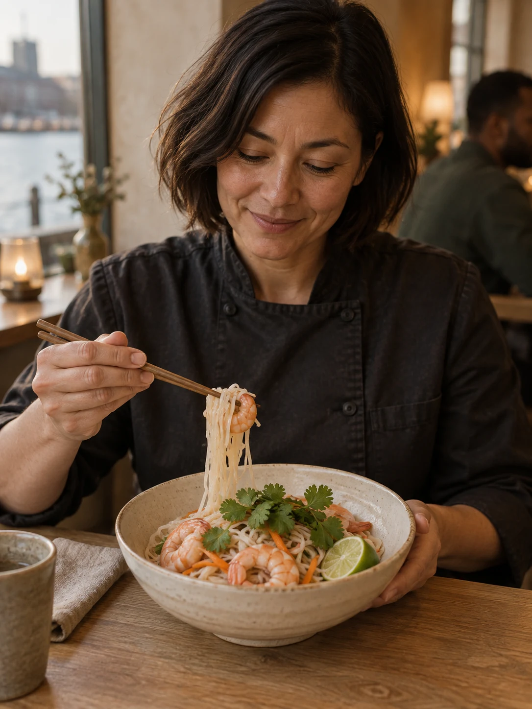 Prawn & lime rice noodles; Warm rice noodles carry prawns, carrot and lime; coriander stays fresh on top. Complete serving: one complete bowl. Only these ingredients: prawn, rice-noodles, lime, carrot, coriander, tamari, rapeseed-oil.