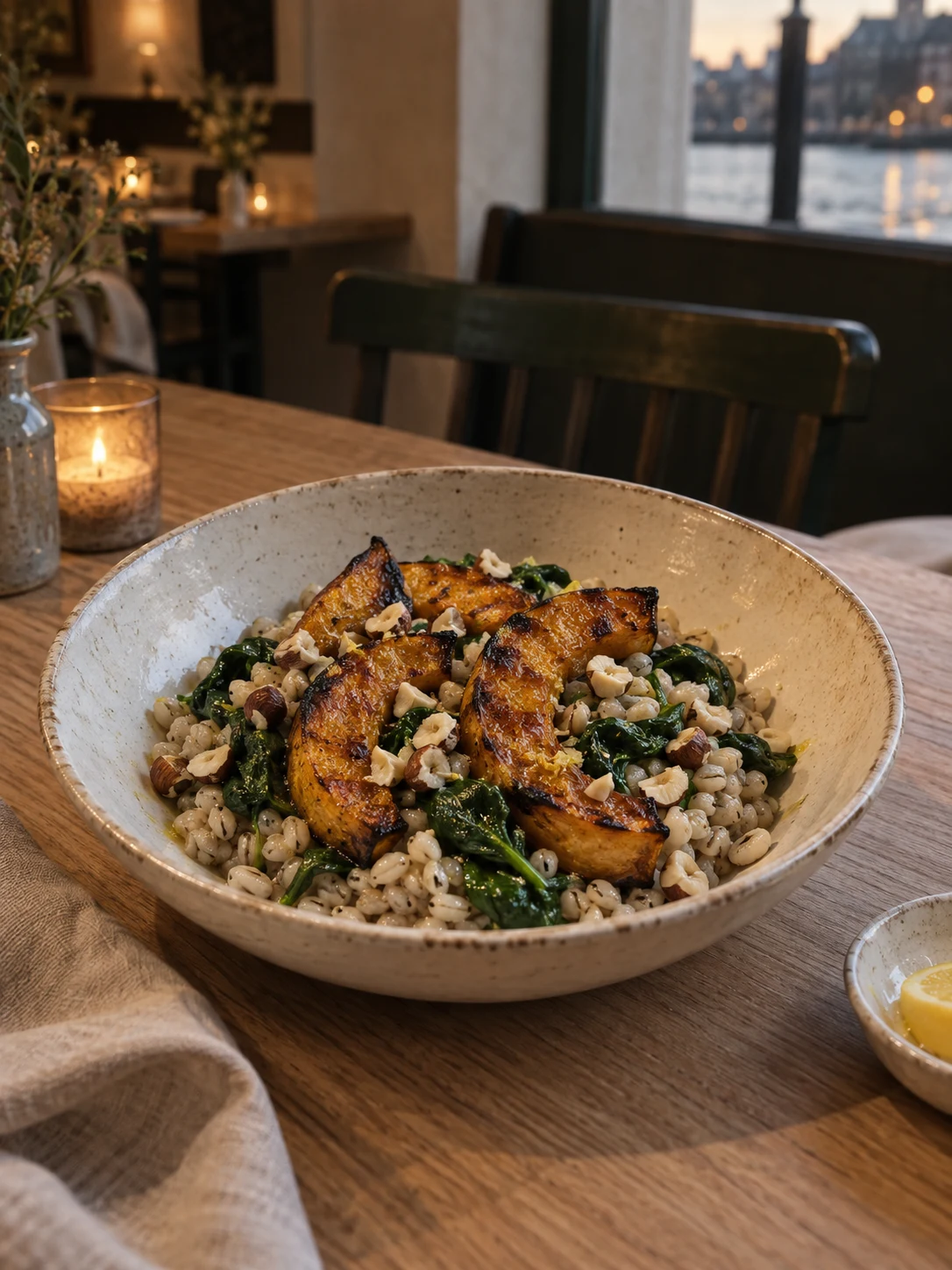 Charred squash & barley; Charred squash rests on warm barley with spinach, chopped hazelnuts and lemon oil. Complete serving: one complete bowl. Only these ingredients: squash, barley, spinach, hazelnut, olive-oil, lemon.