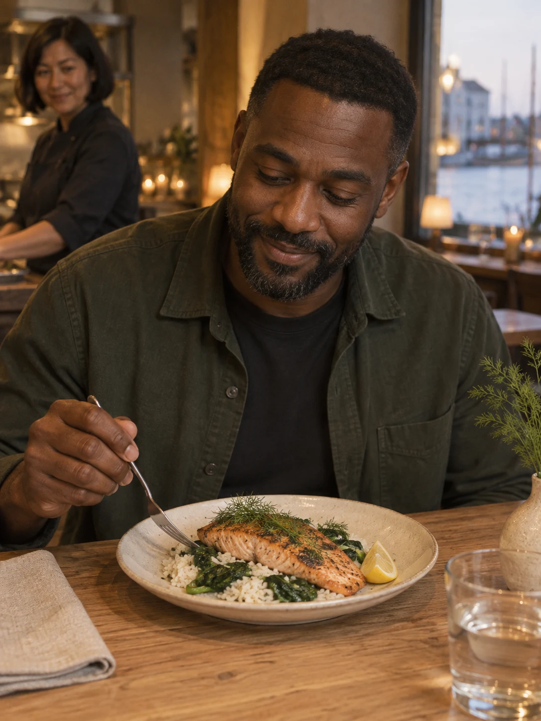 Trout, dill & warm rice; A gently roasted fillet with warm rice, wilted spinach and a sharp dill-lemon finish. Complete serving: one complete plate. Only these ingredients: trout, rice, dill, lemon, spinach, olive-oil, salt.