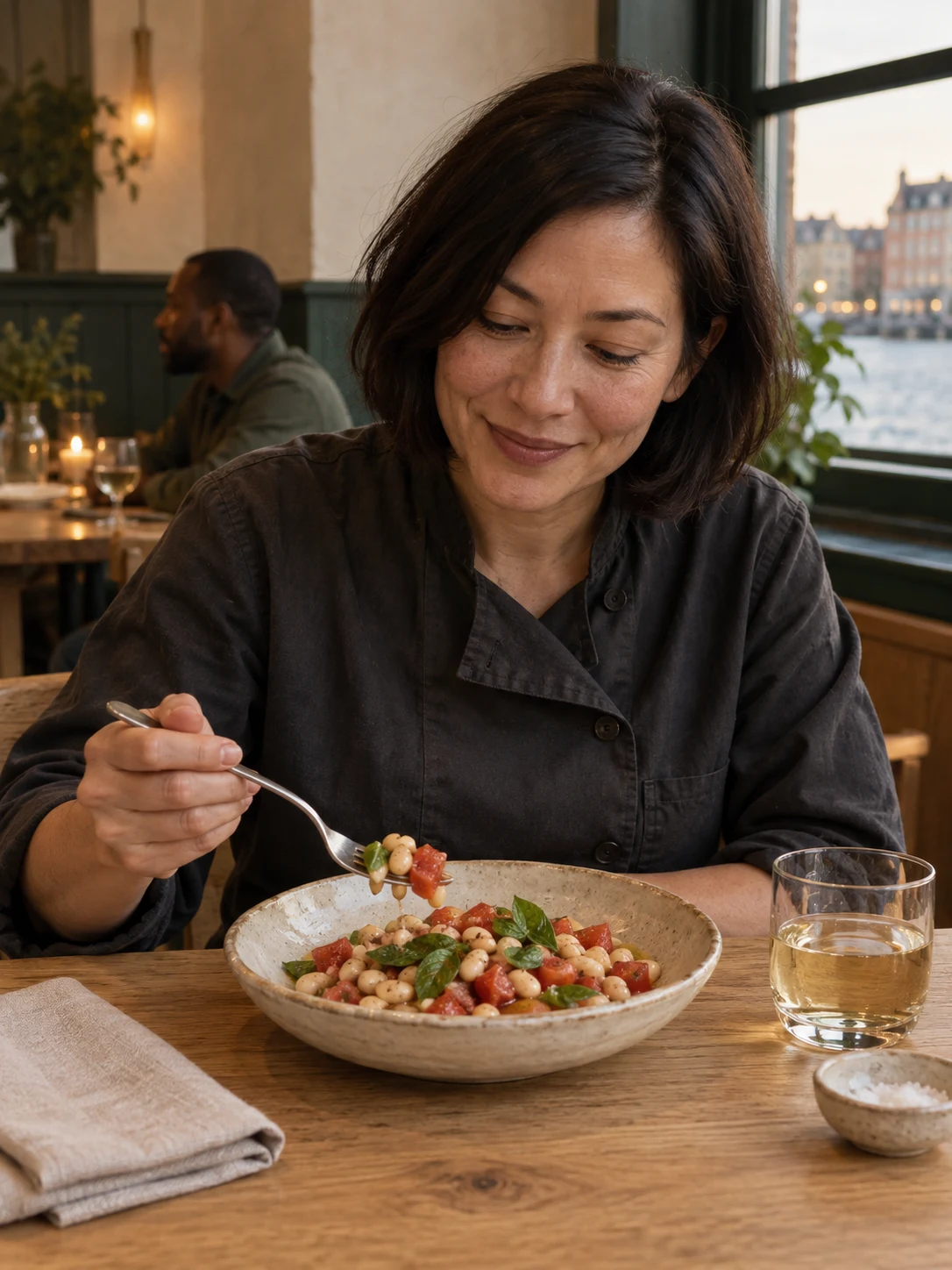 White beans, tomato & basil; Soft white beans hold a tomato dressing, with torn basil added just before serving. Complete serving: small meal salad. Only these ingredients: beans, tomato, basil, olive-oil, wine-vinegar, salt.