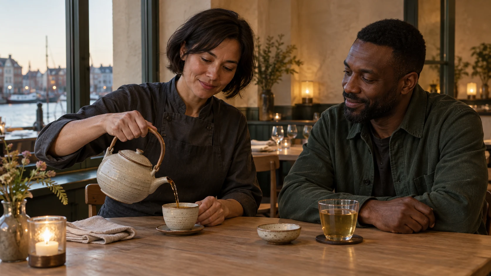 An original roasted tea pouring scene with a clearly legible cup and pot, plus a separate glass composition; no invented bottle brand. A deliberate still suitable for unloaded and reduced-motion display.