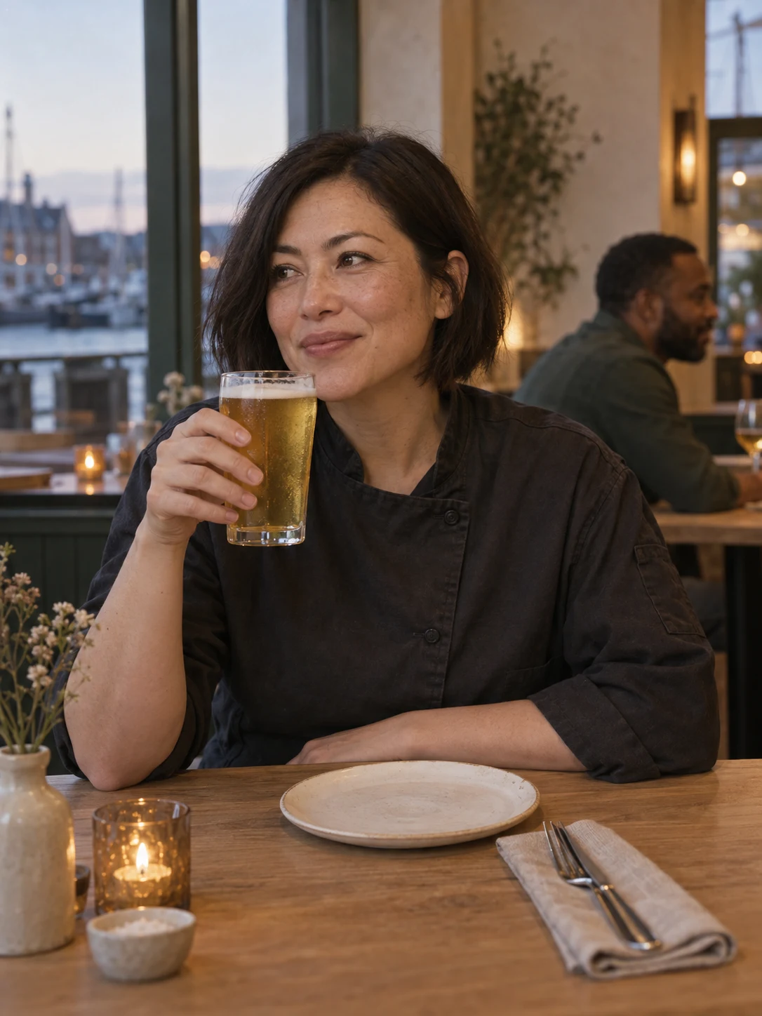 Quay pale lager; Crisp barley malt, a dry finish and a light herbal hop edge. Correct vessel/measure; no real brands or fabricated readable labels.