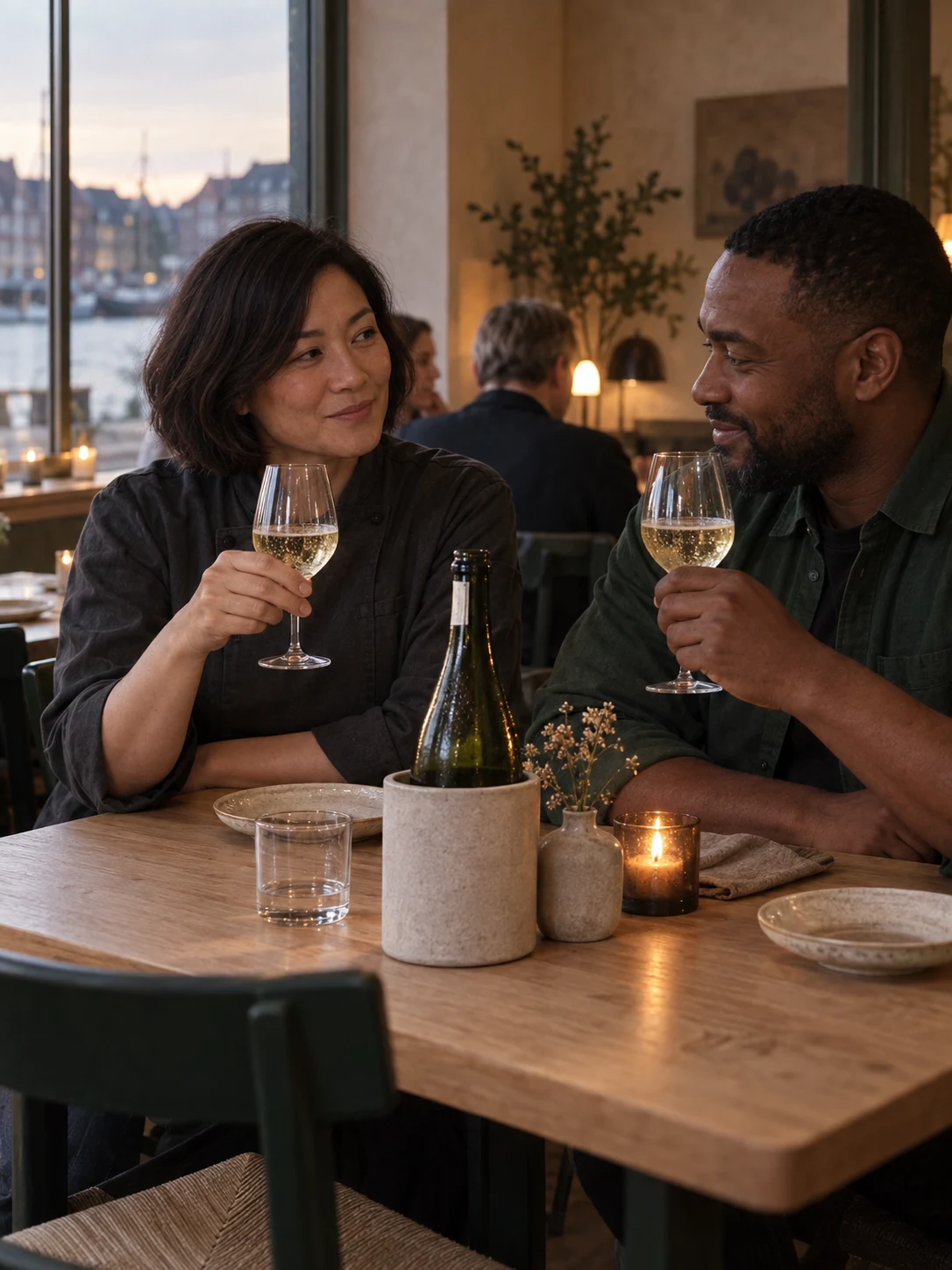 Chalk brut · lot S04; A lean sparkling white with lemon and a mineral impression. Correct vessel/measure; no real brands or fabricated readable labels.