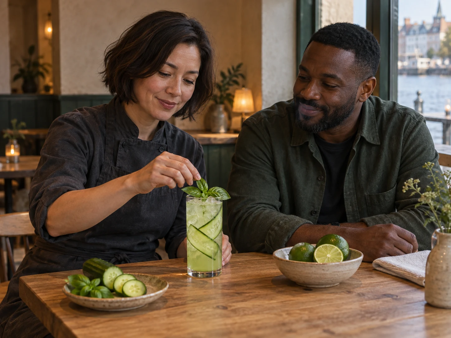Garden without alcohol; Basil and cucumber bring the aroma; lime makes it a drink for food. 0.0% ABV. Correct vessel/measure; no real brands or fabricated readable labels.