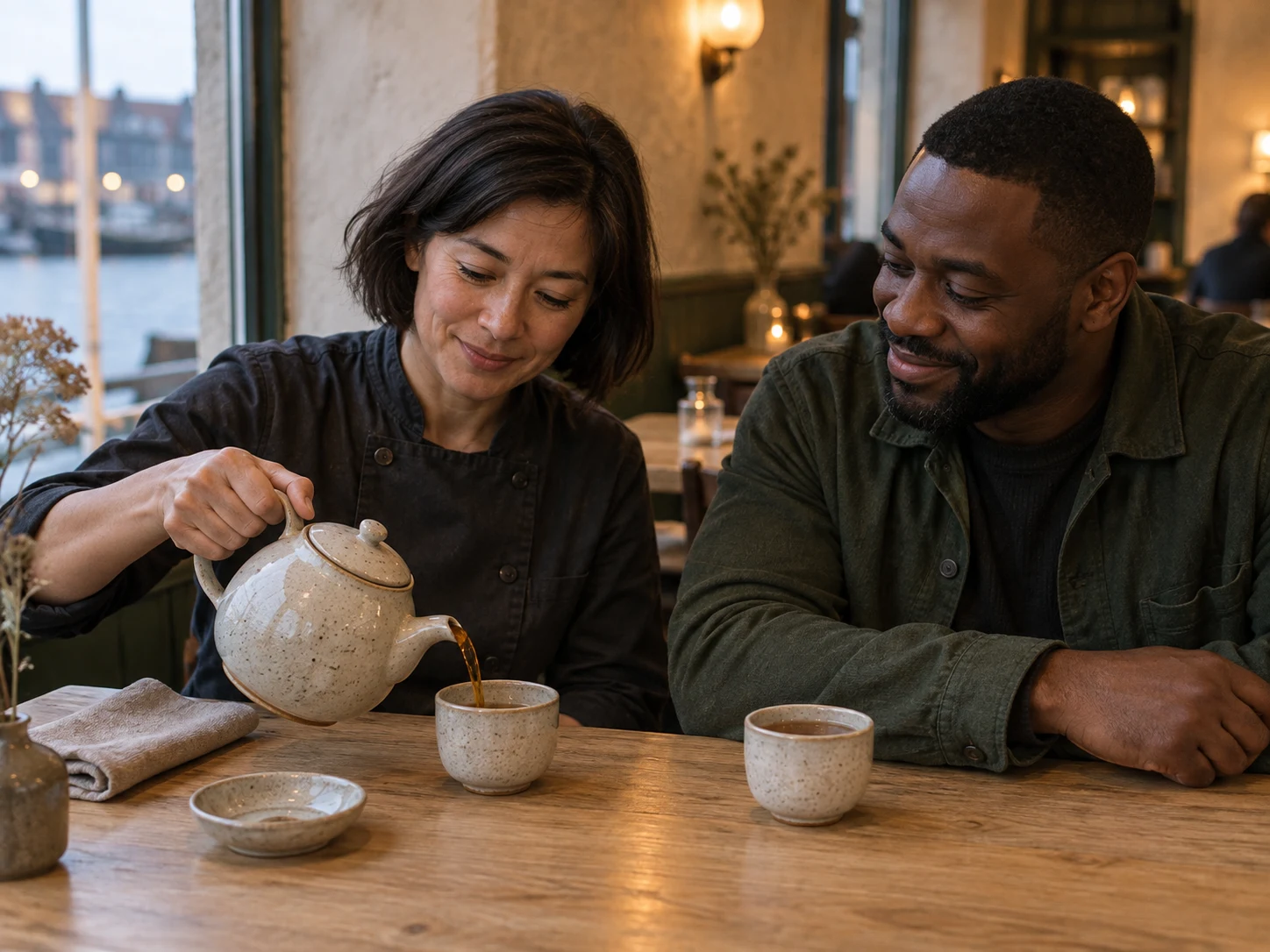 Roasted tea pot; A warm, aromatic pot with a roasted rather than grassy character. Correct vessel/measure; no real brands or fabricated readable labels.