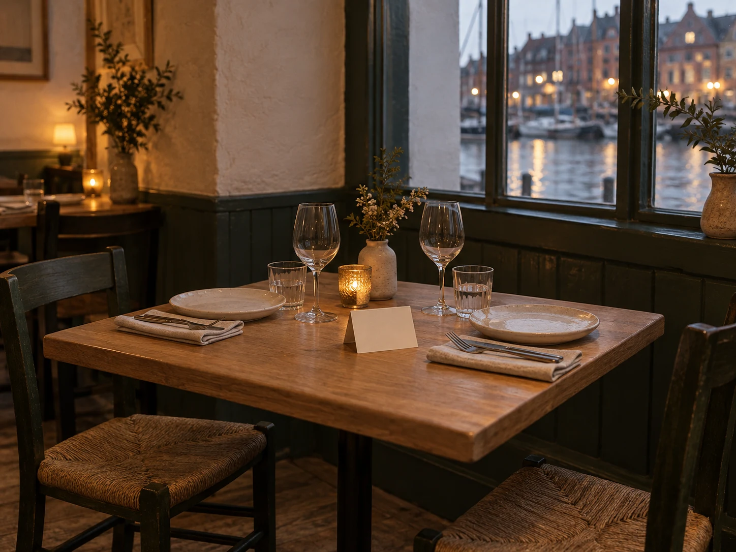 Two empty dinner places with a simple unprinted folded note