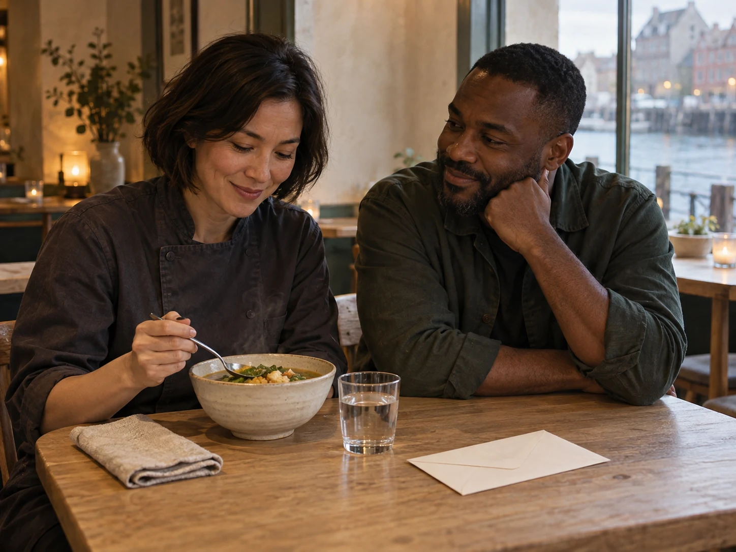 A complete lunch place with a warm bowl and an unprinted envelope