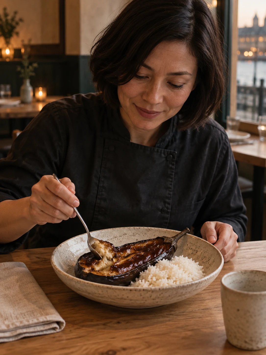 Whole aubergine, miso & rice; A split aubergine with a lacquered surface and a spoon-soft centre, accompanied by rice.