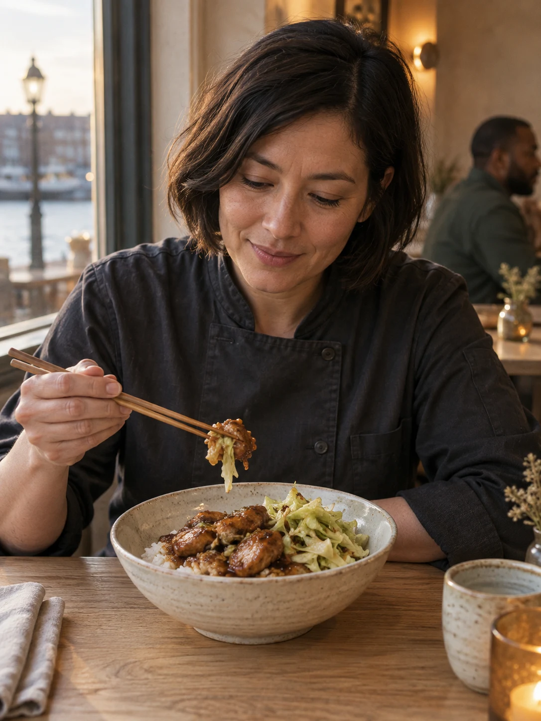 Ginger chicken rice bowl; Chicken glazed in ginger soy sits over rice with cabbage that keeps its bite.