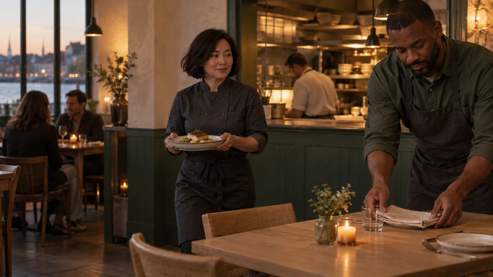 An original Reed & Ember room and table sequence: warm front room, a plate leaving the pass, hands setting an empty place; no external logos. A deliberate still suitable for unloaded and reduced-motion display.