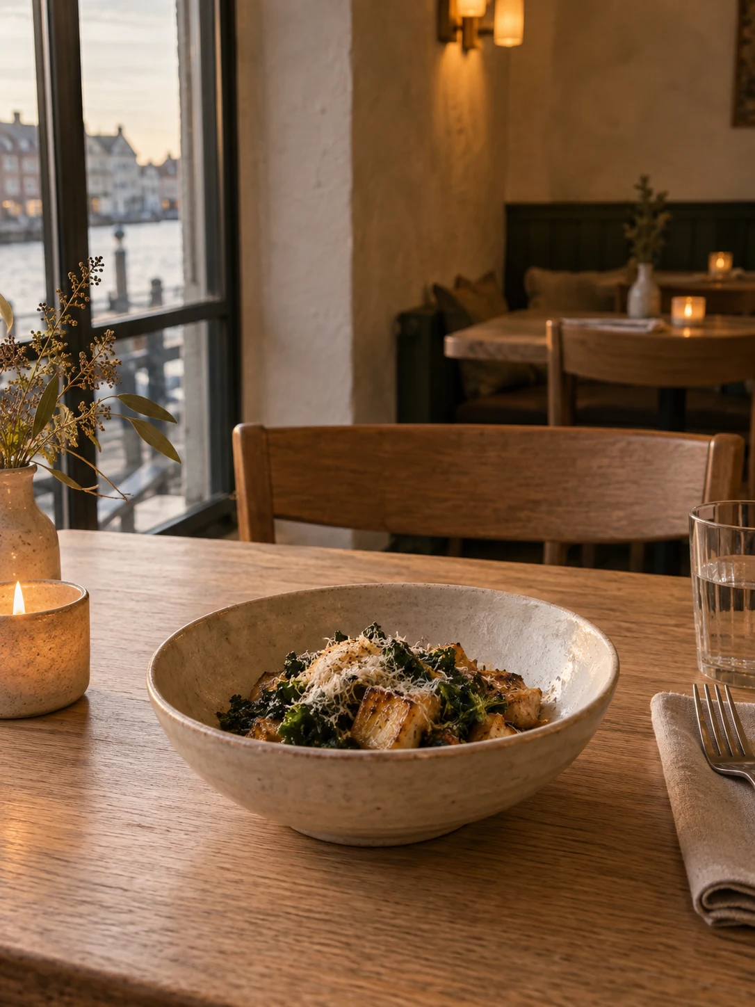 Warm light on a plain ceramic bowl at an empty place