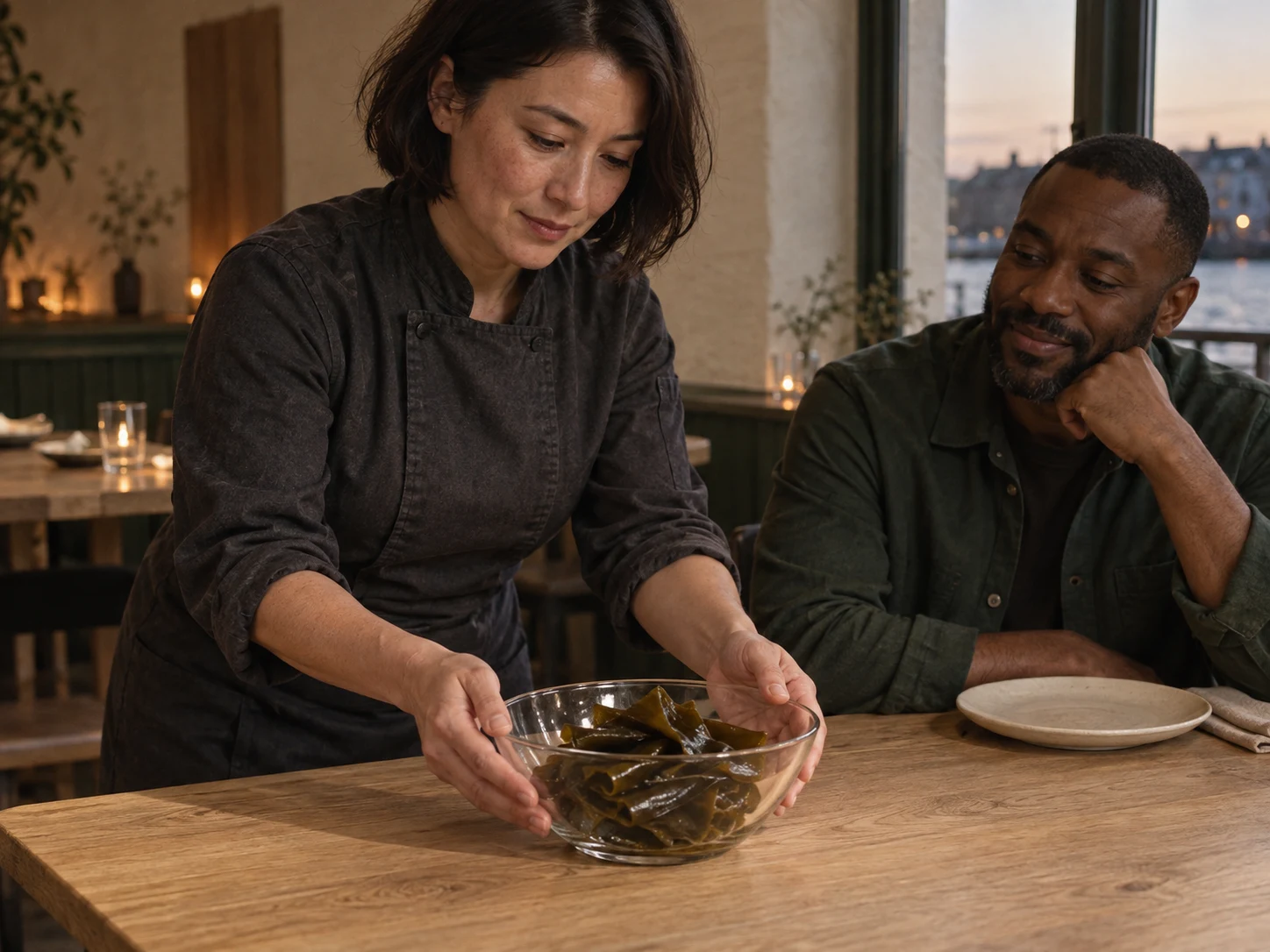 Kombu in a clear bowl. A quiet savour leaves the vegetable room. Use the exact linked ingredients/dishes and their complete recipe; no unrelated garnish or media.