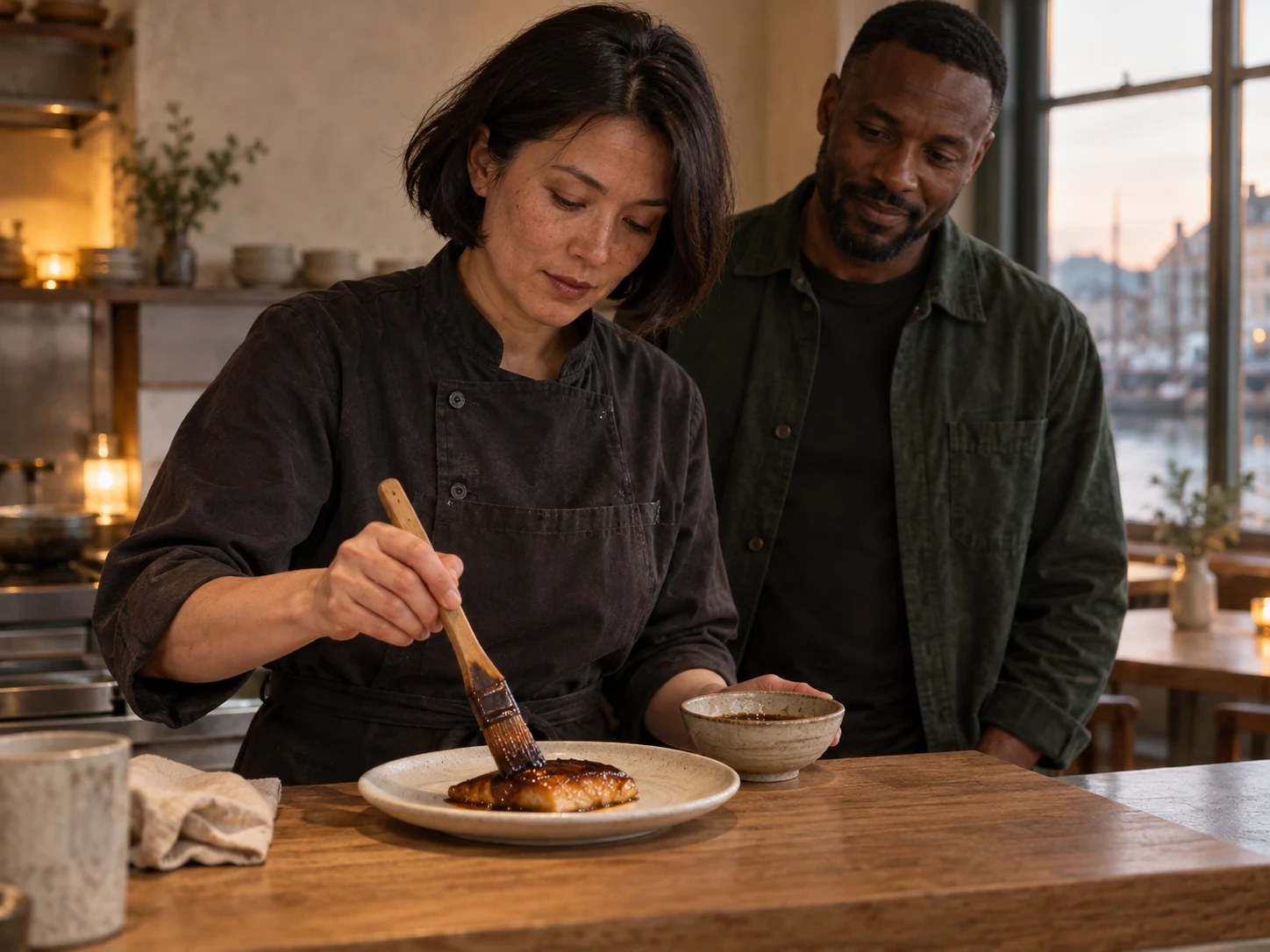 Miso on a thin surface. A small glaze can carry a great deal of savour. Use the exact linked ingredients/dishes and their complete recipe; no unrelated garnish or media.