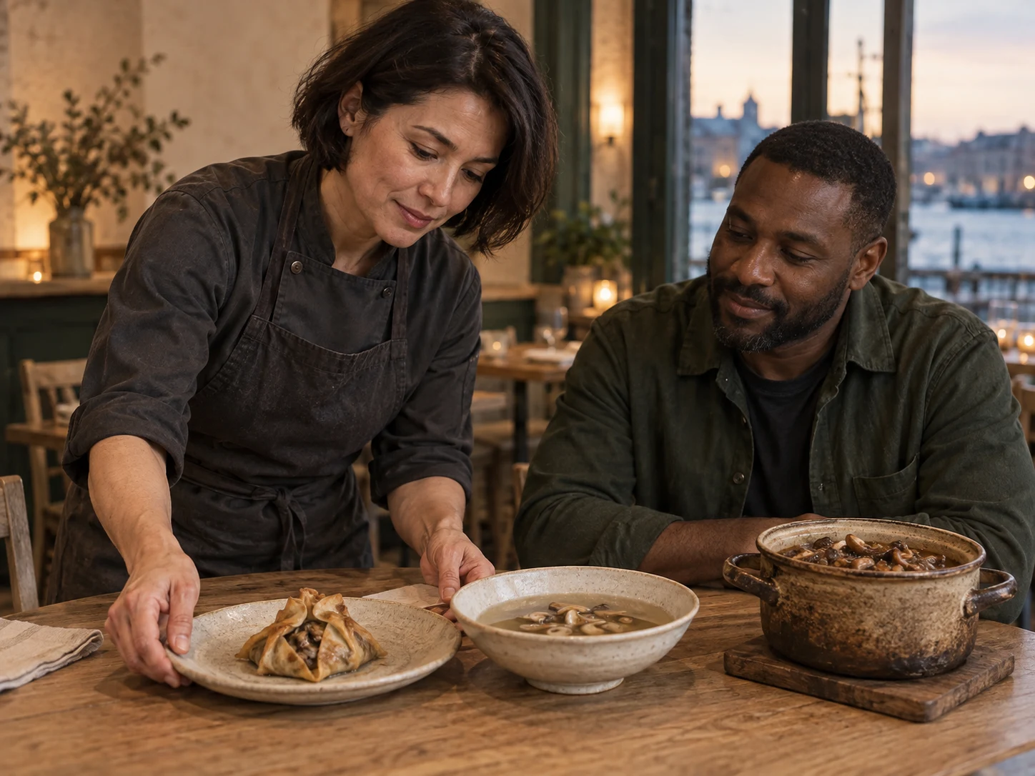 Mushrooms with different jobs. A folded parcel, a clear broth and a slower pot. Use the exact linked ingredients/dishes and their complete recipe; no unrelated garnish or media.