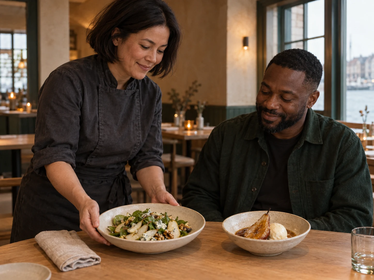 Pear, crisp or warm. One fruit can make a salad and finish a meal. Use the exact linked ingredients/dishes and their complete recipe; no unrelated garnish or media.