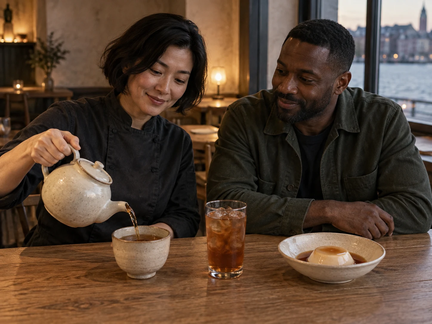 Roasted tea, three ways. A pot, a cold glass and a softly set dessert. Use the exact linked ingredients/dishes and their complete recipe; no unrelated garnish or media.