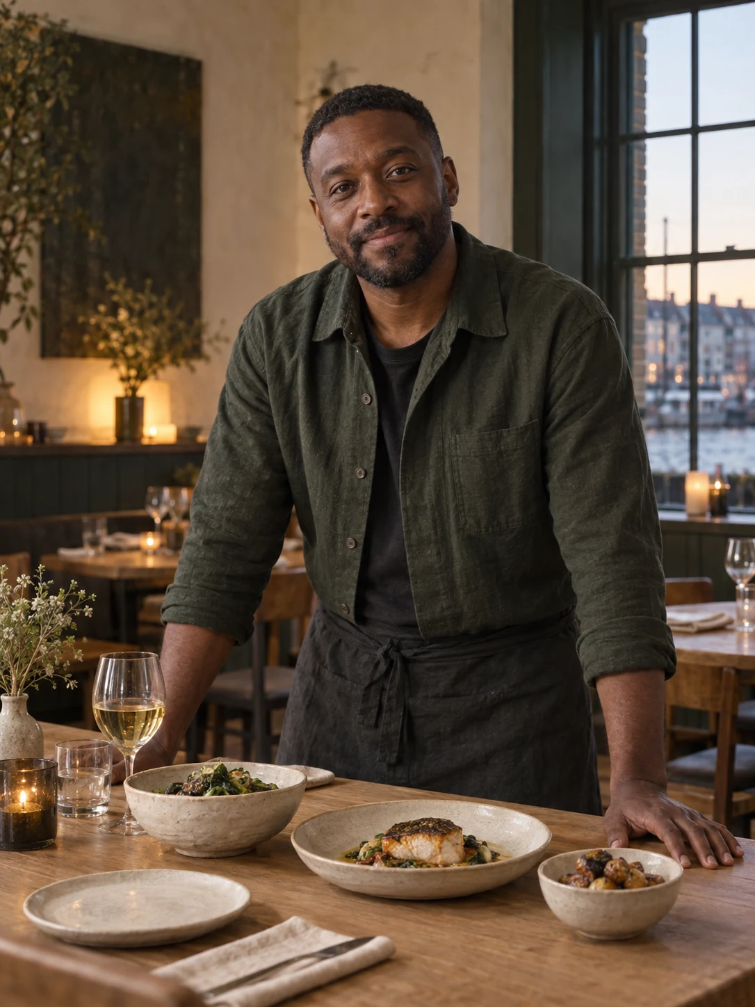 Jun Calder, the fictional Dining-room lead & co-founder, in the Reed & Ember room; consistent adult identity across all uses; no real reference portrait.