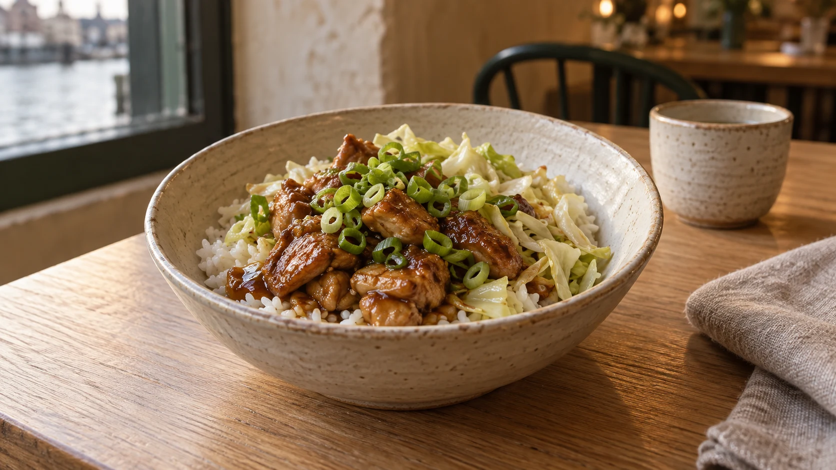 The exact ginger chicken lunch bowl: rice, chicken, cabbage and spring onion, filmed with a clear portion and uncluttered background. A deliberate still suitable for unloaded and reduced-motion display.
