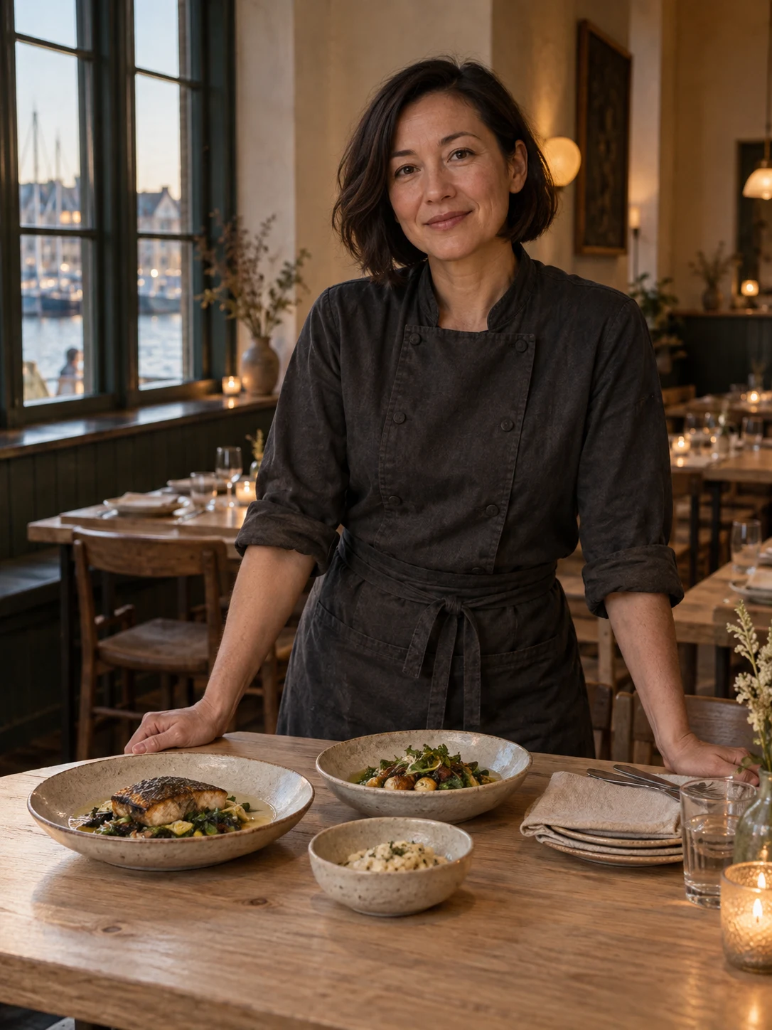 Mara Vale, the fictional Chef & co-founder, in the Reed & Ember room; consistent adult identity across all uses; no real reference portrait.
