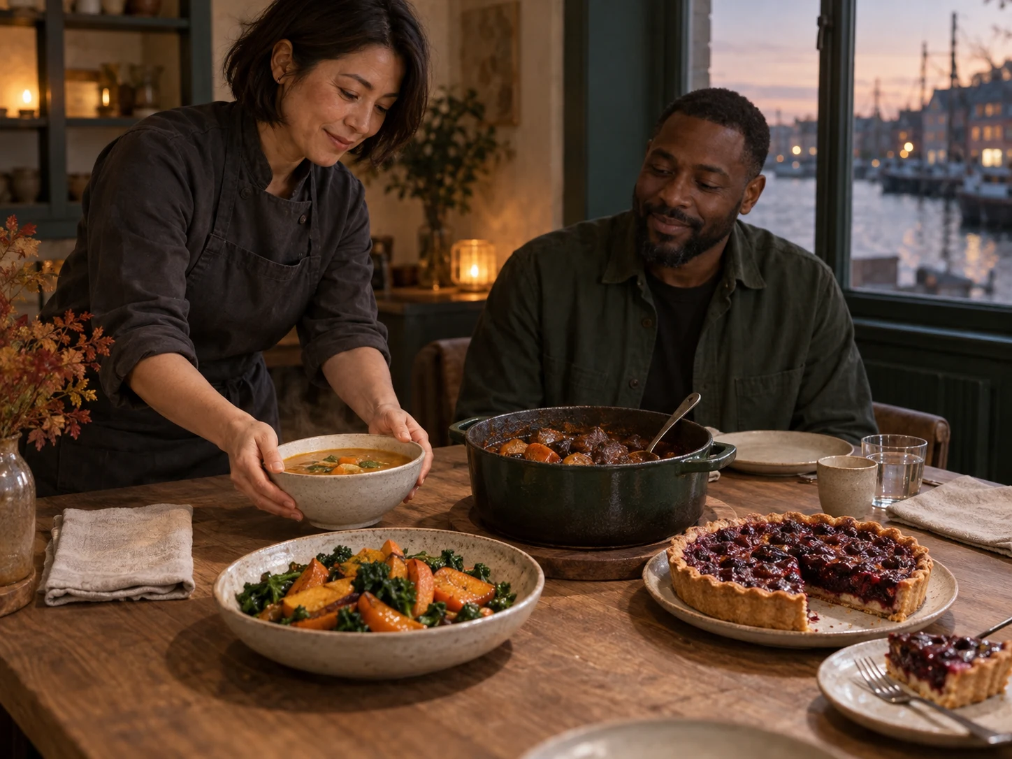Autumn, from broth to slow pot. Warm vegetables, a deeper middle and a tart ending. Use the exact linked ingredients/dishes and their complete recipe; no unrelated garnish or media.