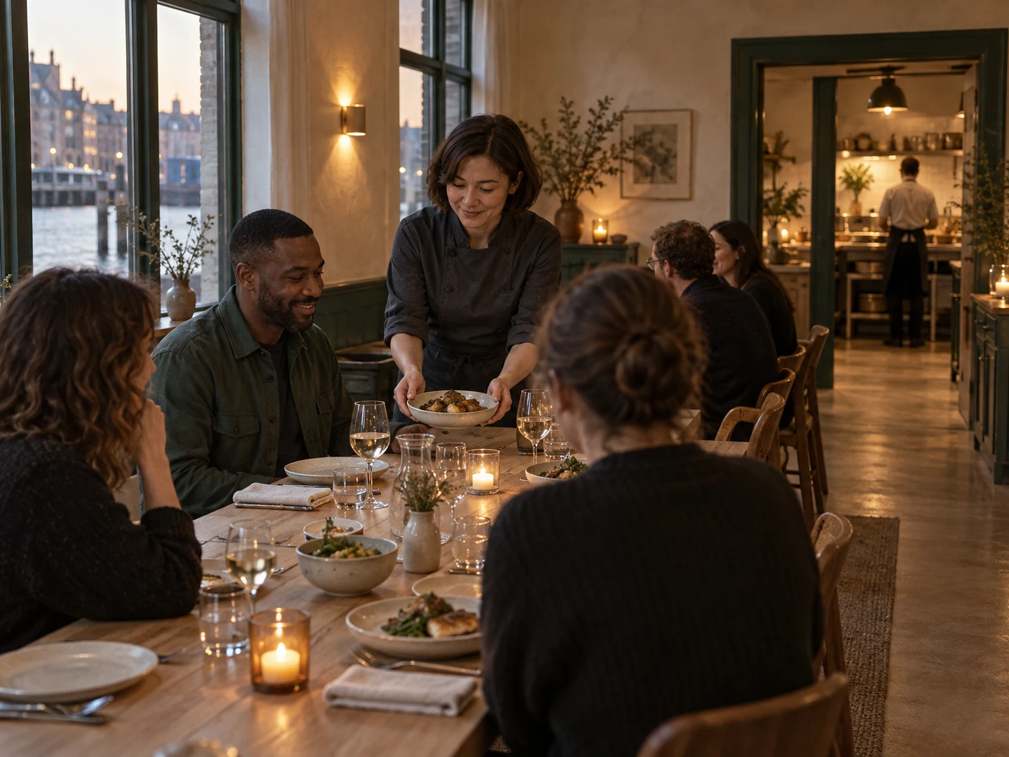 Long private table seen diagonally with connecting doorway and uncluttered service aisle.