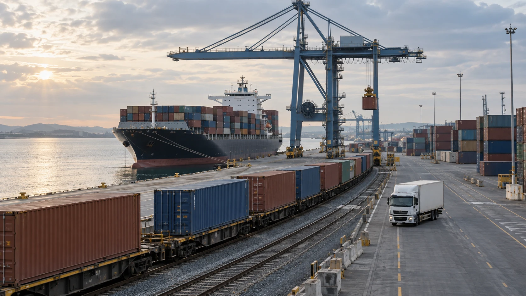 Container terminal with a cargo vessel, cranes, freight train and truck.