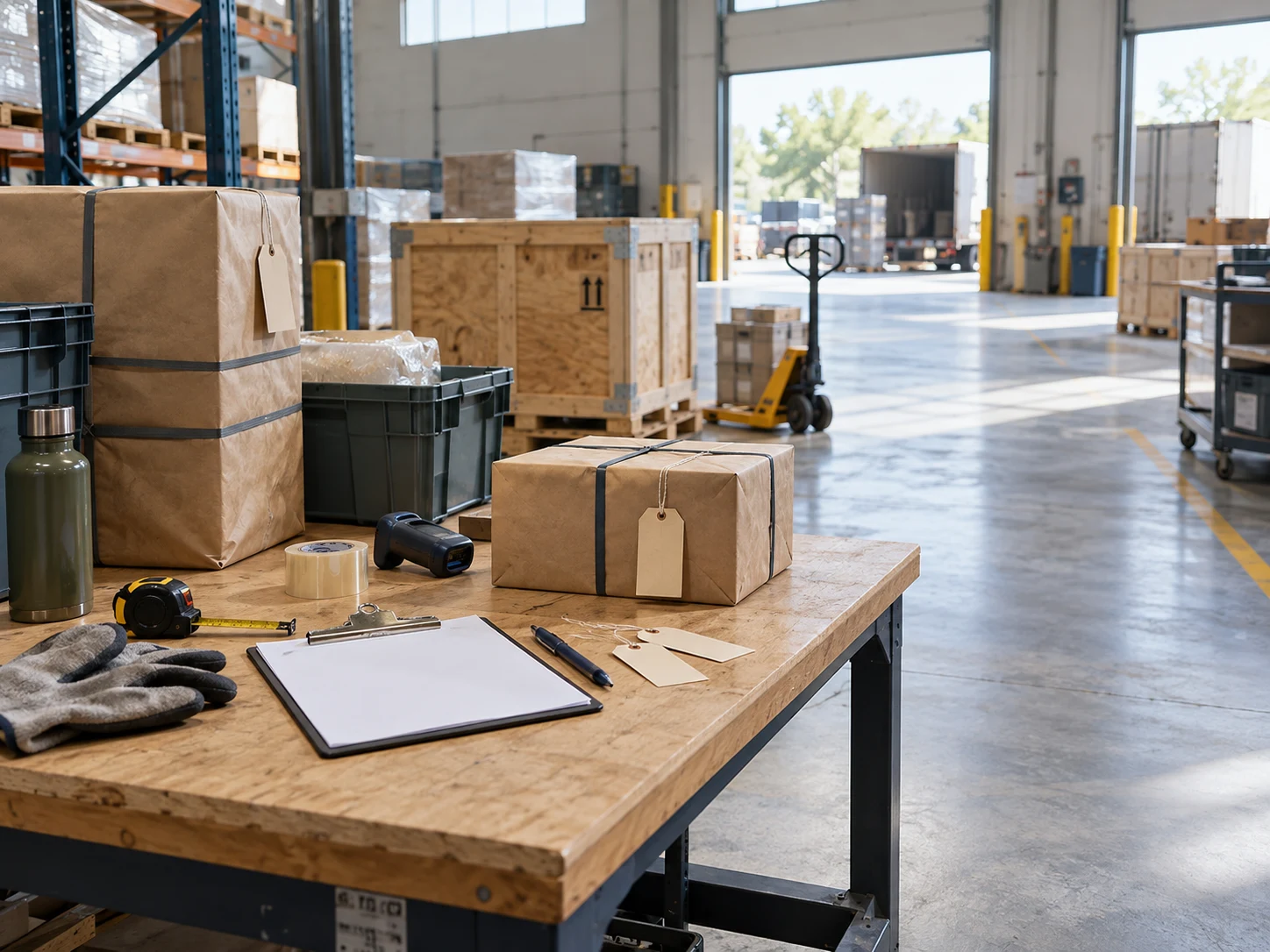 Receiving workspace with packed boxes, handling tools and a clipboard.