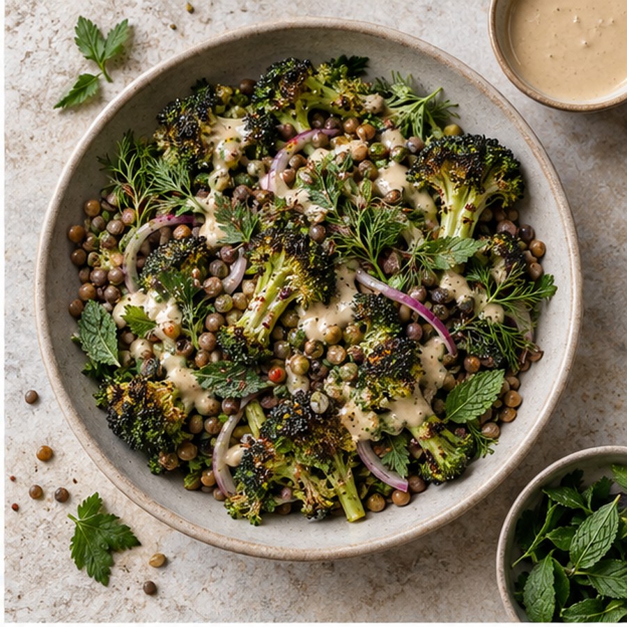 Charred broccoli lentil salad