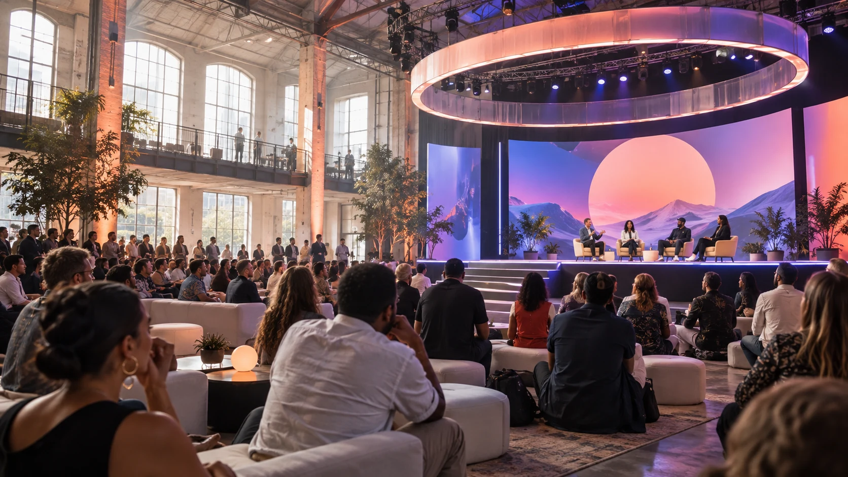 Warm modern conference hall arranged for conversation