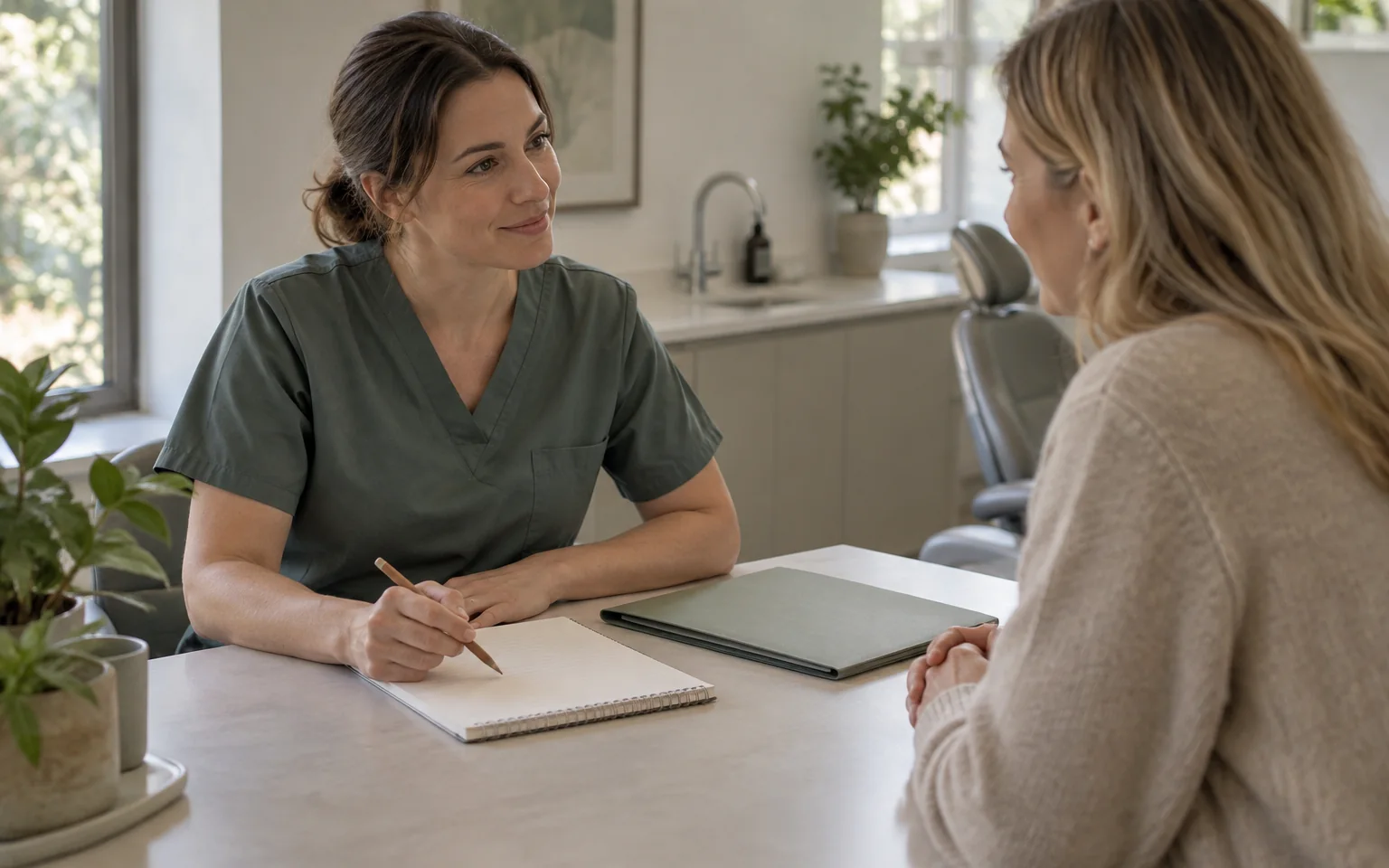 A blank ruled notebook, pencil and closed plain folder on a consultation desk; no names, symptoms or legible health records.