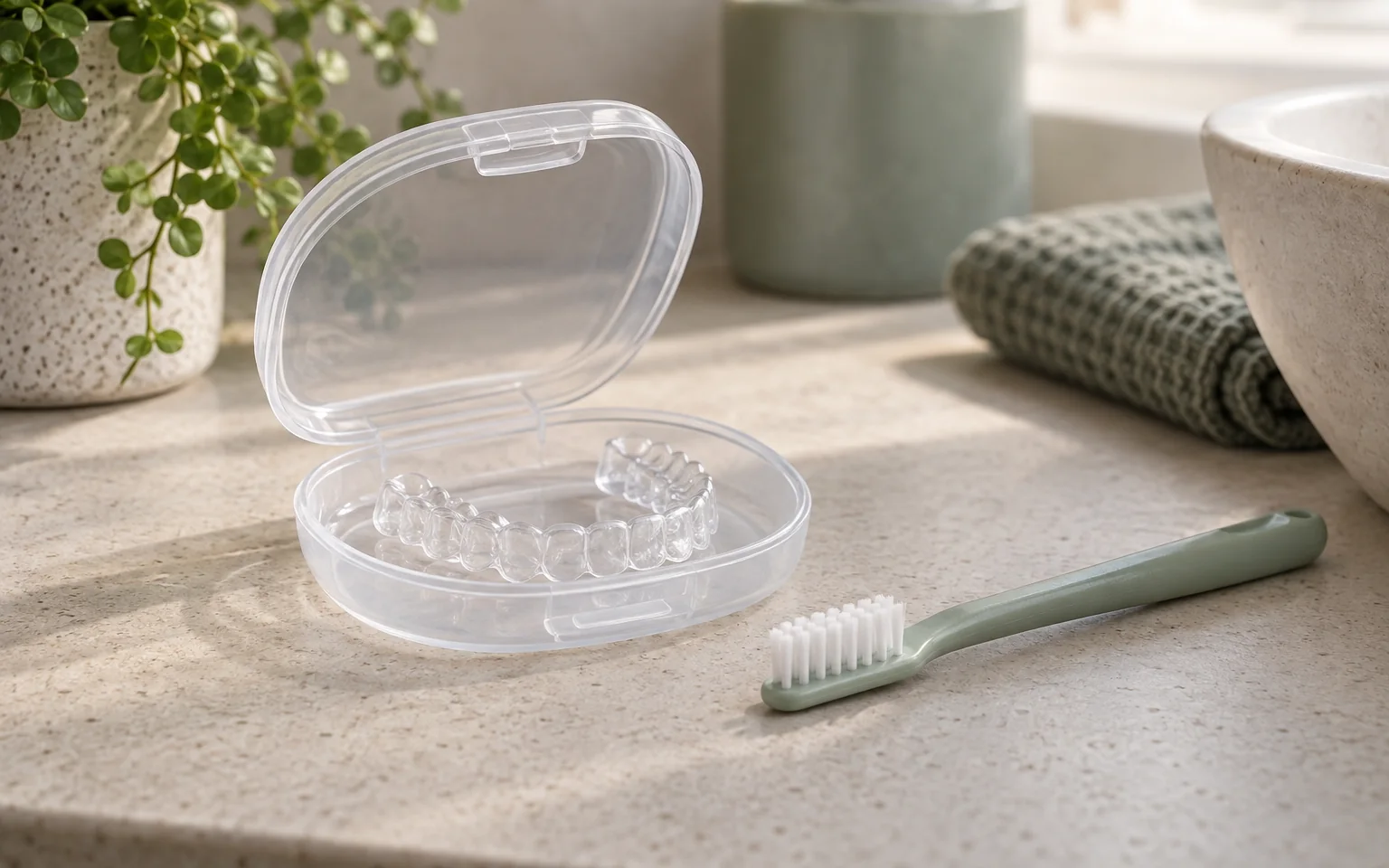 A clear retainer in its open unbranded storage case beside a soft cleaning brush; ample margin around the full appliance.