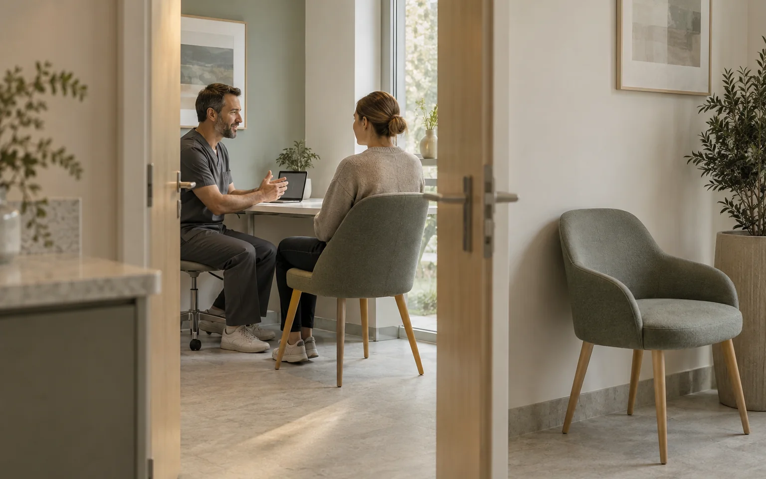 A consultation room doorway and an extra empty chair set apart from the main pair, illustrating the choice of who is present without patient imagery.