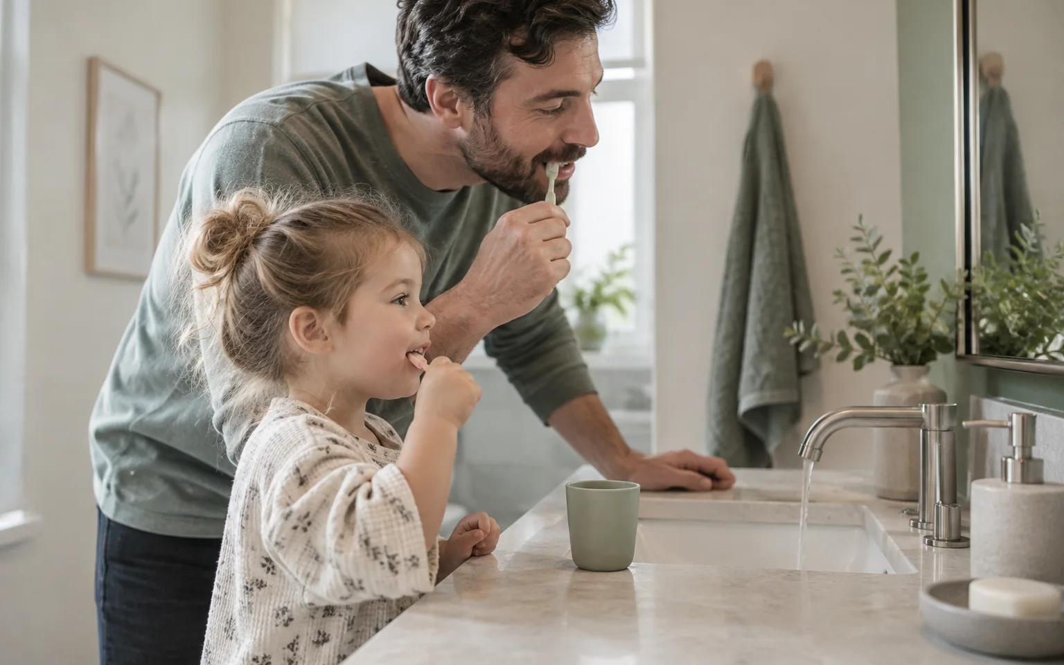 A child-sized cup and toothbrush beside a parent's brush at a sink, making supported daily care the subject rather than an age timetable.