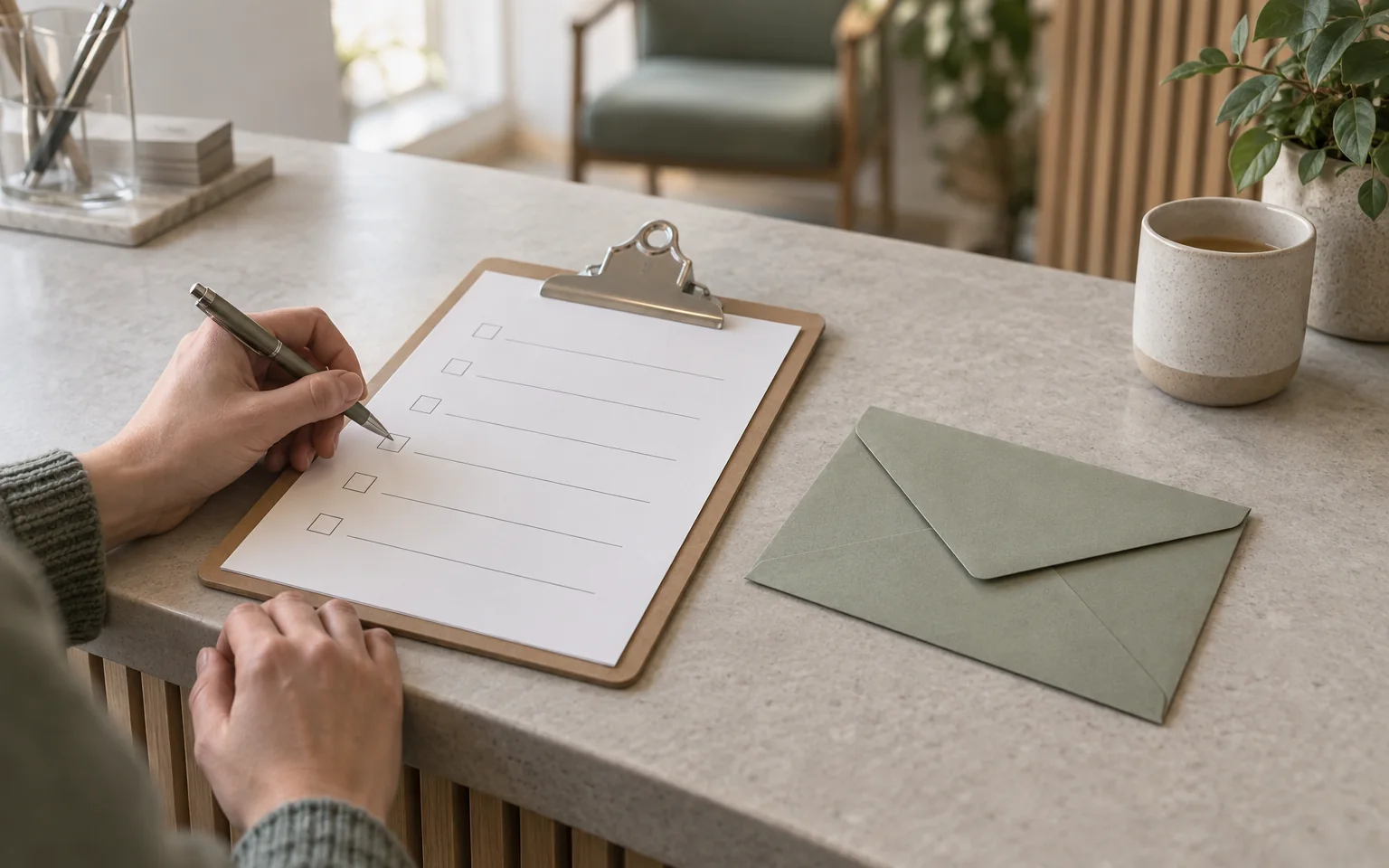 Close view of a blank checklist beside a closed plain envelope, showing the need for written confirmation without actual policy data.