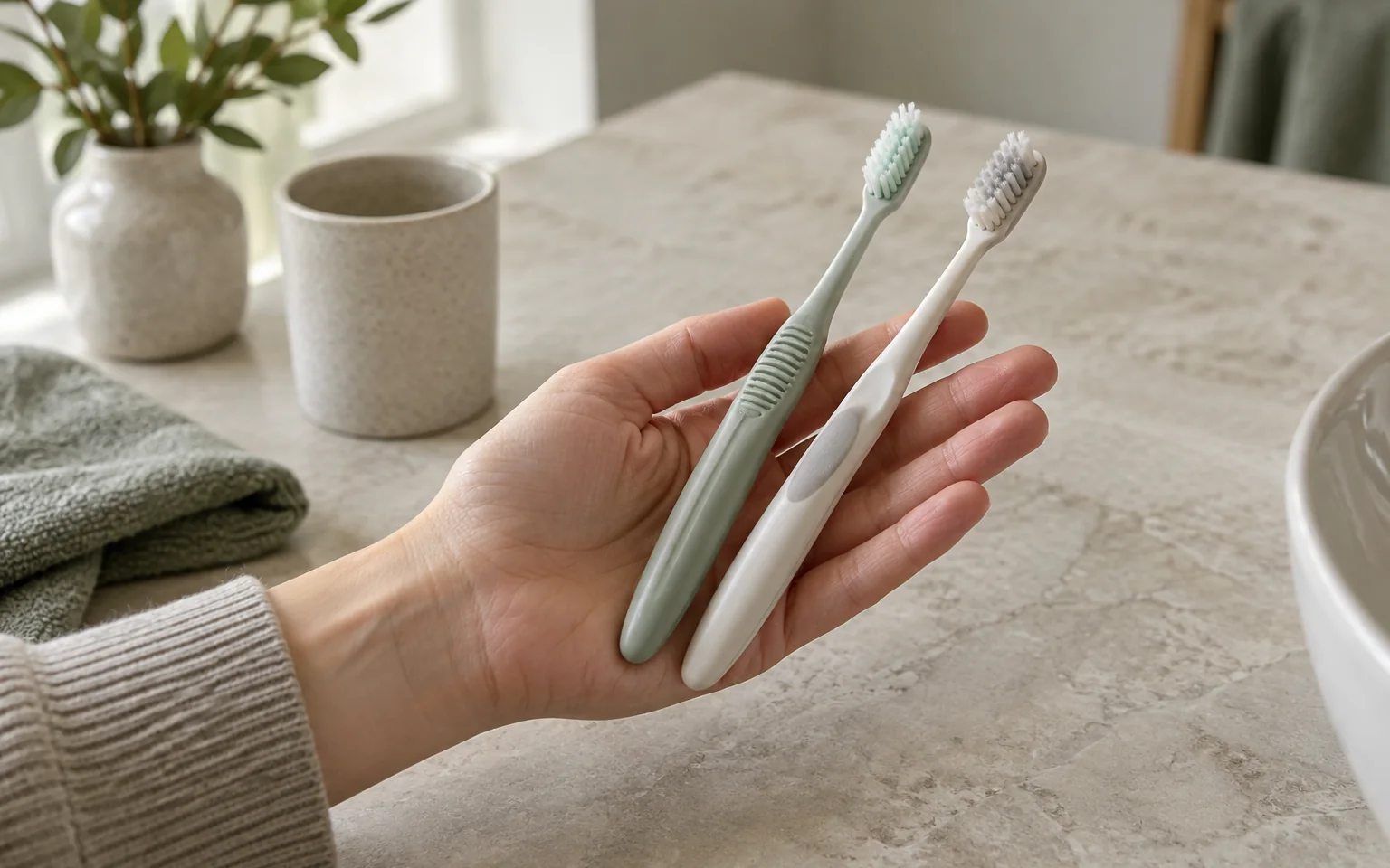 Close view of two different toothbrush handle grips resting in an open adult hand, illustrating handling without a performance comparison.